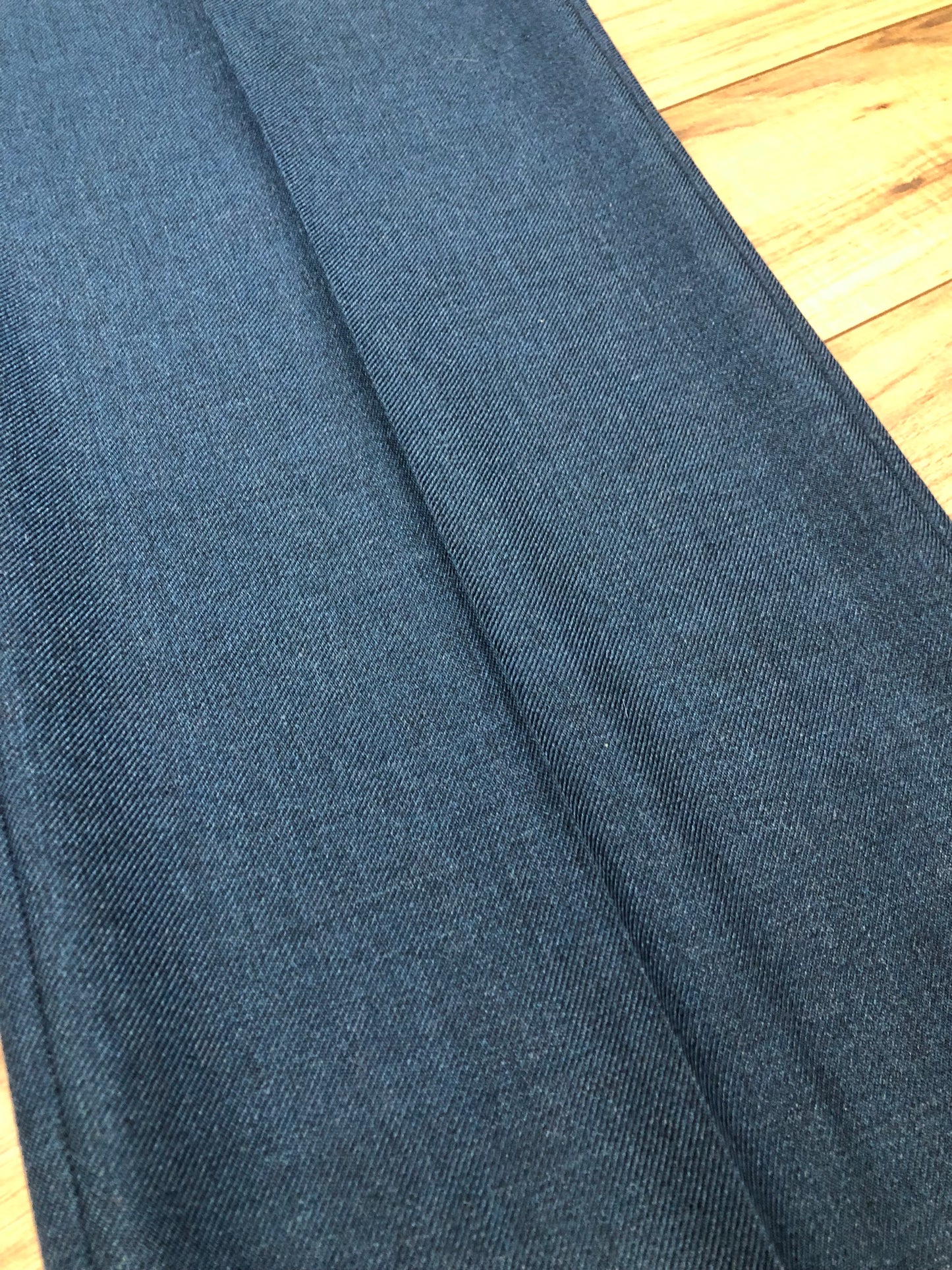 Kingspier Vintage - Logistik blue wool blend (65% wool/ 35% polyester) heavy weight dress pants with zip fly, straight leg, mid rise and front and back pockets,
Made in Canada.