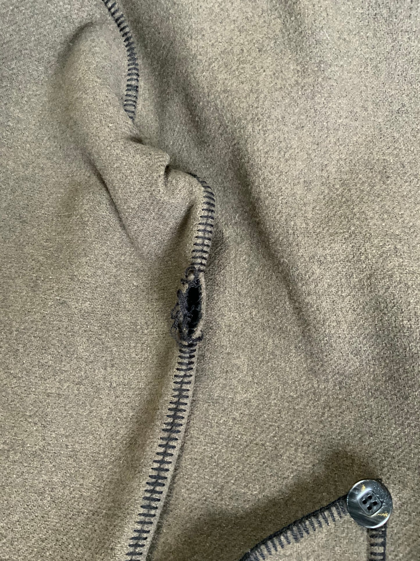 Kingspier Vintage - Linda Lundstrom full length black and brown reversible wool coat, double breasted with a hood and pockets on both sides. Made in New Glasgow, Nova Scotia. Size 16.