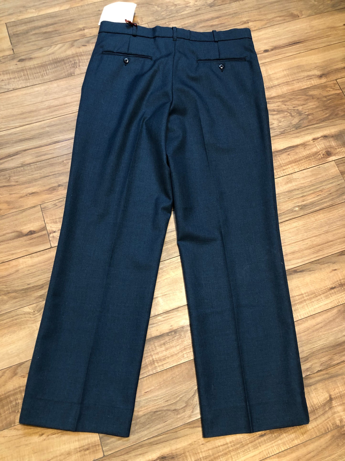 Kingspier Vintage - Logistik blue wool blend (65% wool/ 35% polyester) heavy weight dress pants with zip fly, straight leg, mid rise and front and back pockets,
Made in Canada.