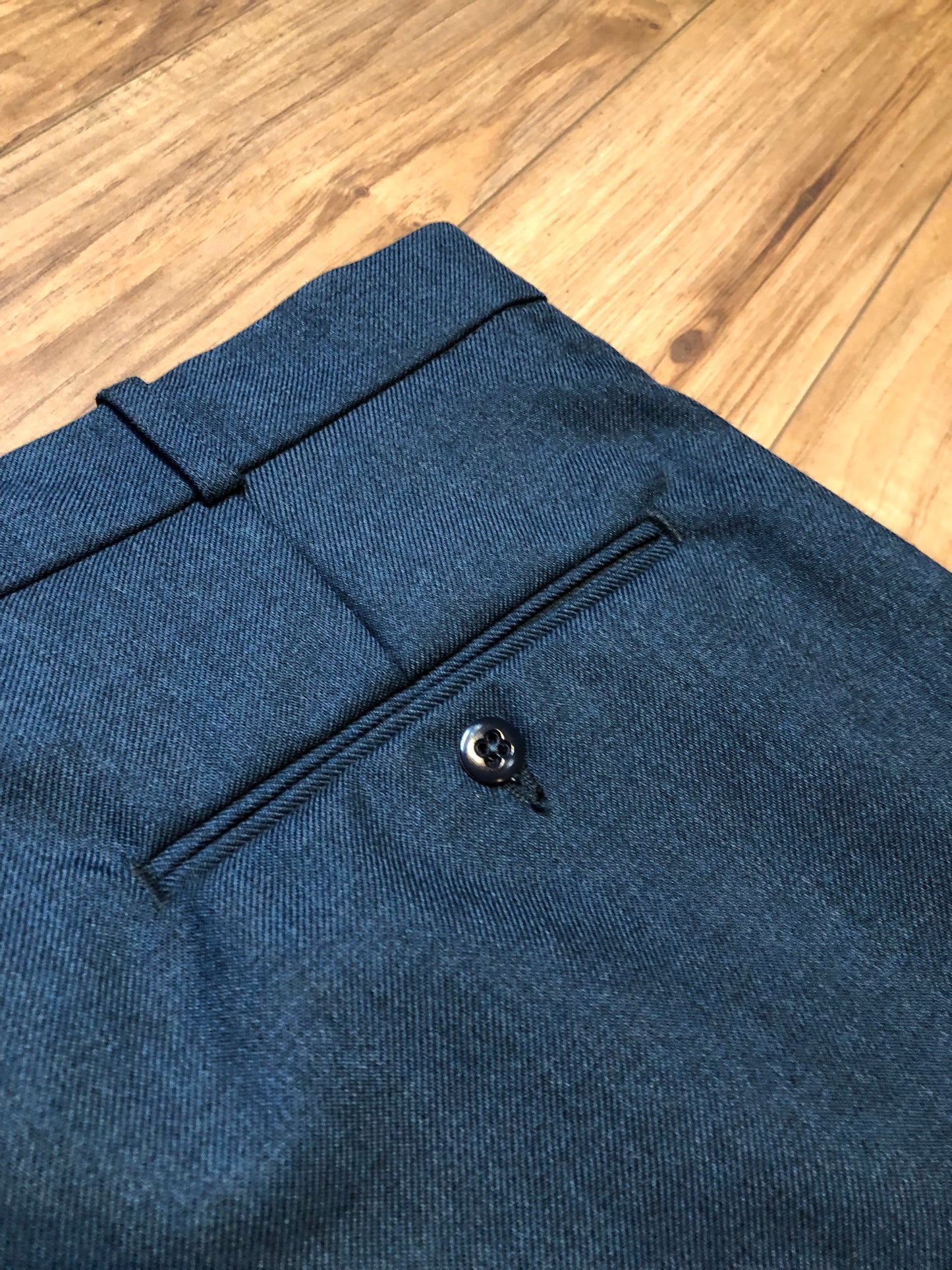 Kingspier Vintage - Logistik blue wool blend (65% wool/ 35% polyester) heavy weight dress pants with zip fly, straight leg, mid rise and front and back pockets,
Made in Canada.