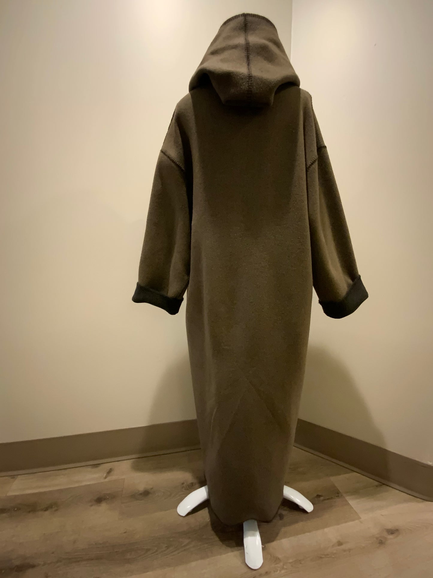 Kingspier Vintage - Linda Lundstrom full length black and brown reversible wool coat, double breasted with a hood and pockets on both sides. Made in New Glasgow, Nova Scotia. Size 16.