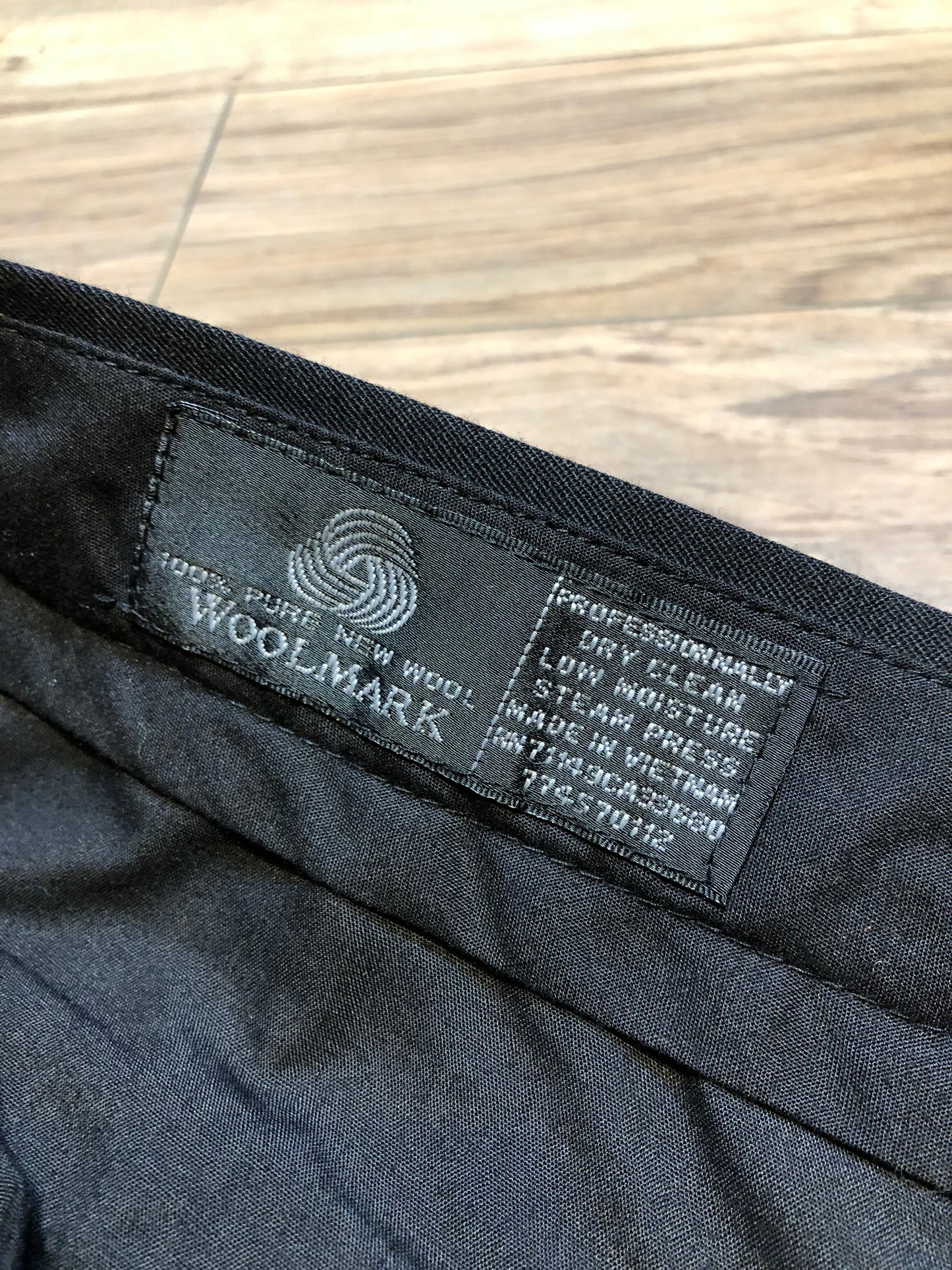 Kingspier Vintage - Vintage 100% black Woolmark wool tuxedo pants with satin stripe straight leg, higher rise, zip fly and pockets in the front and back.