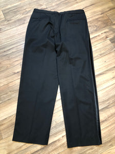 Kingspier Vintage - Vintage 100% black Woolmark wool tuxedo pants with satin stripe straight leg, higher rise, zip fly and pockets in the front and back.