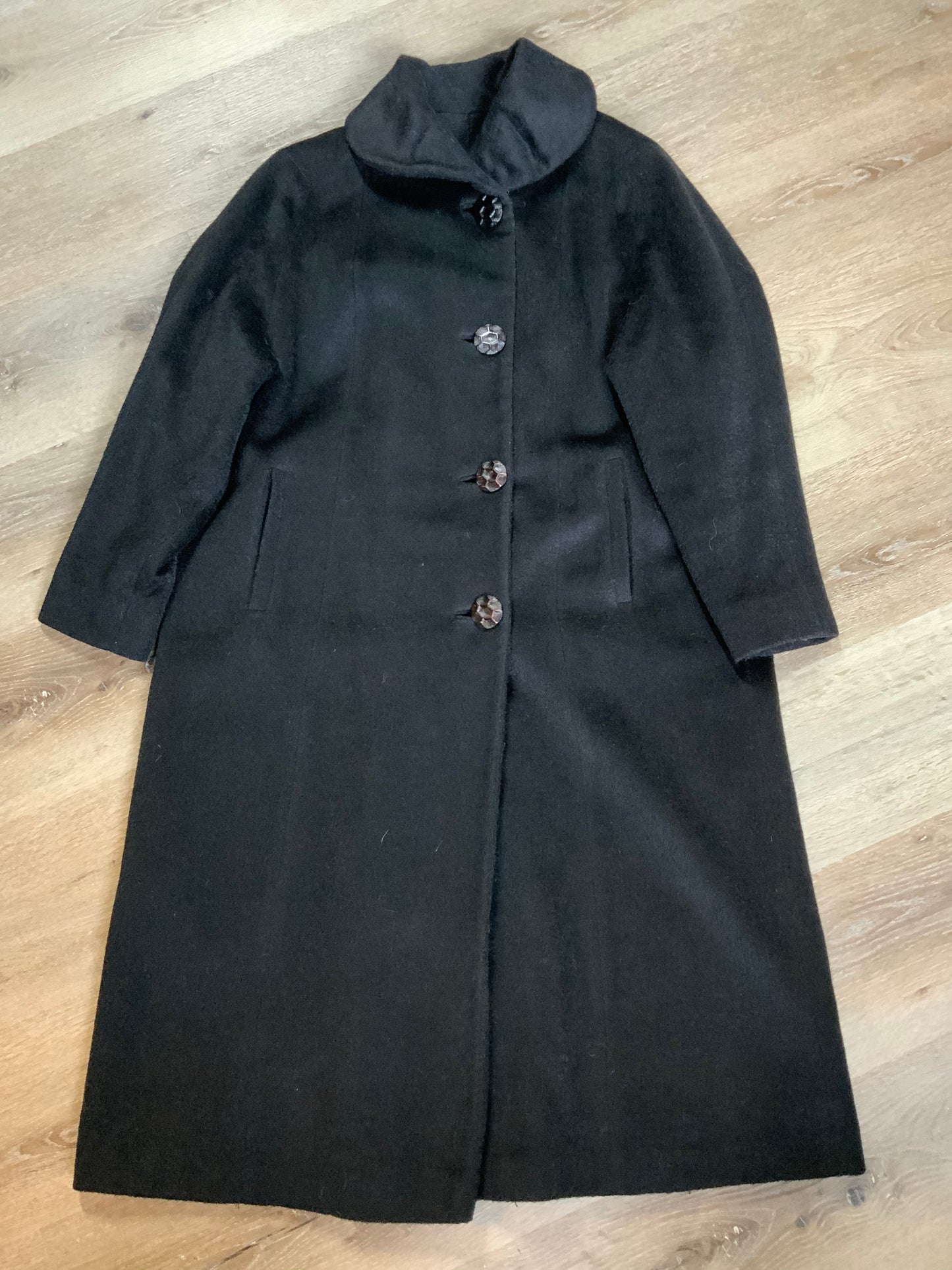 Kingspier Vintage - All Wool Full length black soft wool coat with button closures and front pockets. Made in England.