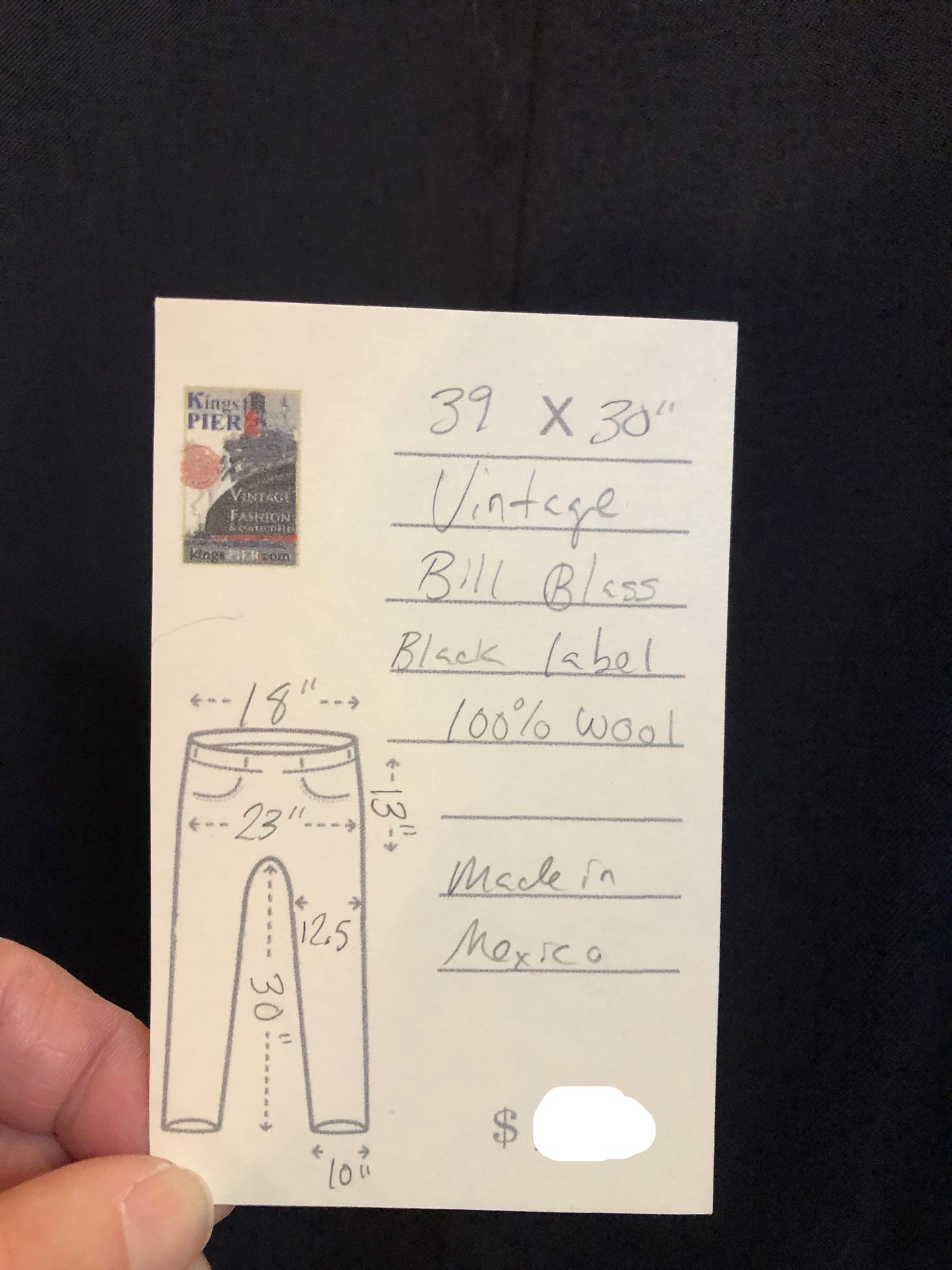 Kingspier Vintage - Vintage wool blend (fibres unknown) trousers with zip fly, straight leg, mid rise and front and back pockets,
Size 36.