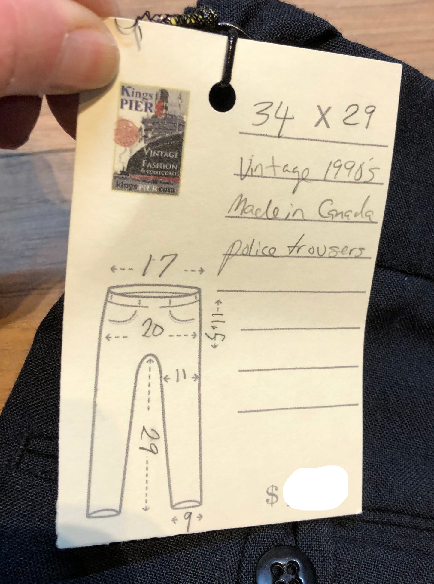 Kingspier Vintage - Vintage 90’s Aero Mode uniform pants in navy with blue stripe, zip fly, mid rise, straight leg and pockets in the front and back.
Made in Canada.