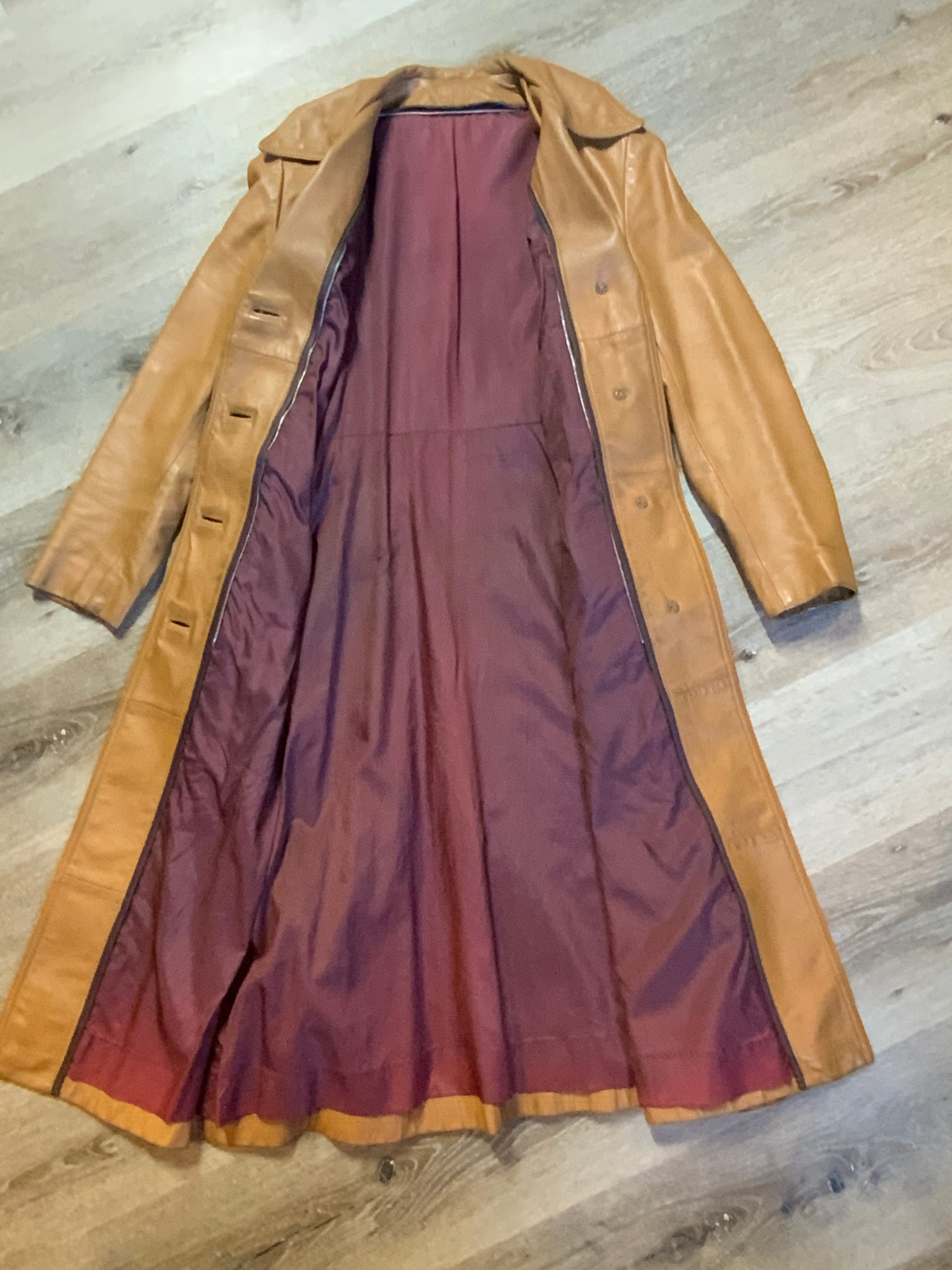 Kingspier Vintage - Trojan Fine Leather Sportswear 1970’s belted light brown leather jacket with buttons down the front and pockets. Made in Toronto.