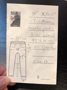 Kingspier Vintage - Club Monaco black wool blend (98% wool/ 2% spandex ) tuxedo pants with a double stripe down the sides, zip fly, low rise, slim cut and front and back pockets. 

Size 0.