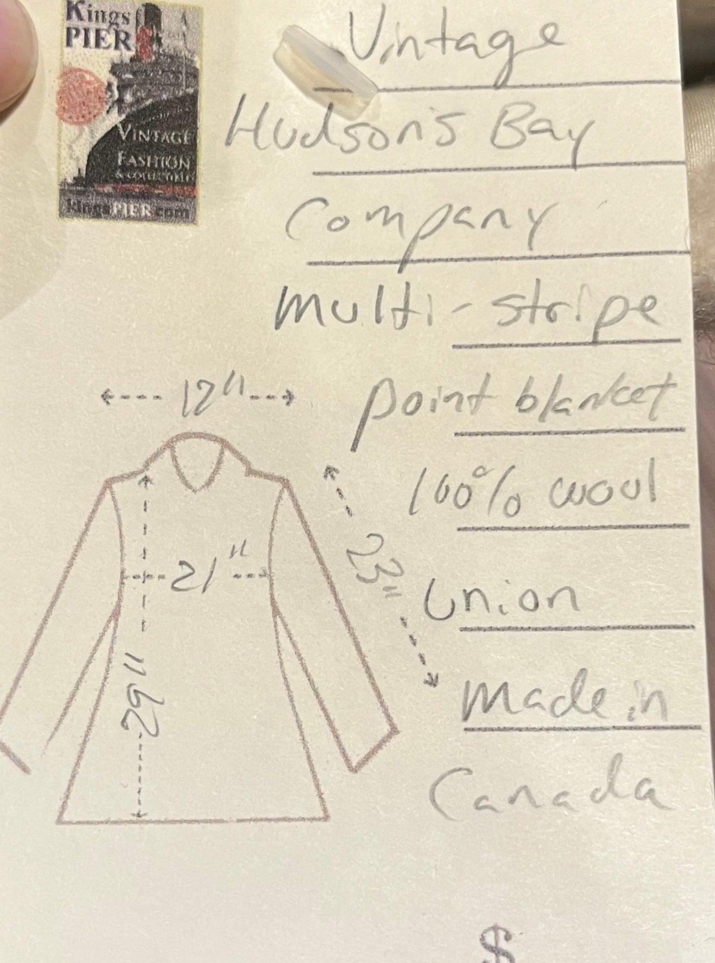 Genuine Hudson’s Bay Company 100% wool point blanket coat in the iconic multi-stripe colours. The coat is double breasted with pockets and a satin lining.
Union made in Canada.
Chest measures 42”.