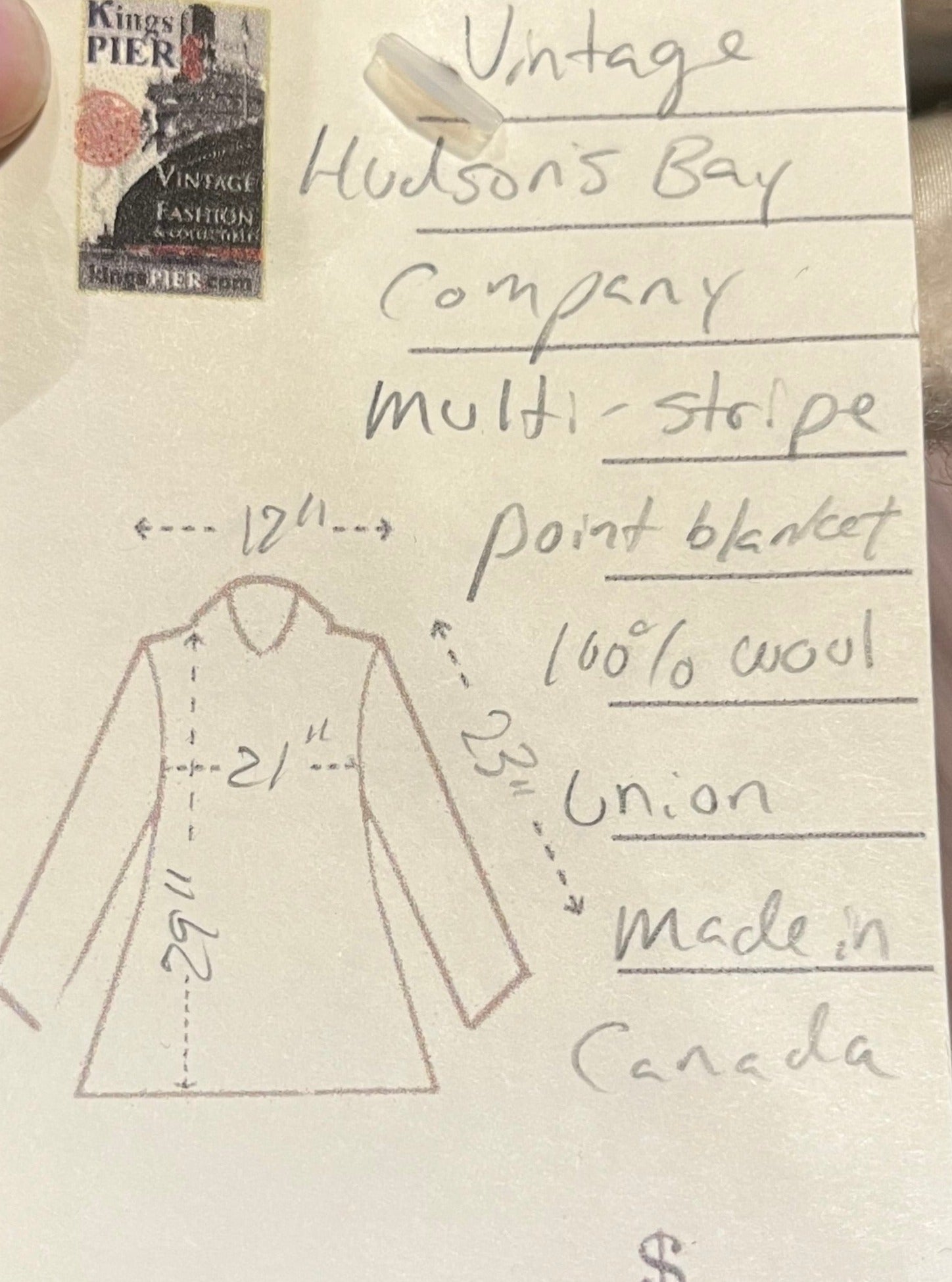 Genuine Hudson’s Bay Company 100% wool point blanket coat in the iconic multi-stripe colours. The coat is double breasted with pockets and a satin lining.
Union made in Canada. 
Chest measures 42”.