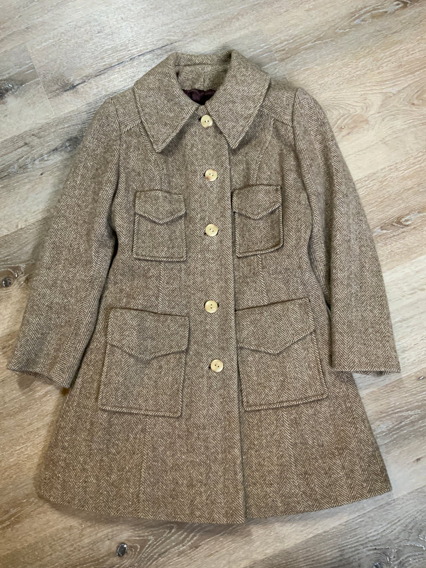 Kingspier Vintage - Wool herringbone car coat with front buttons and four front flap pockets. Union made in Canada.