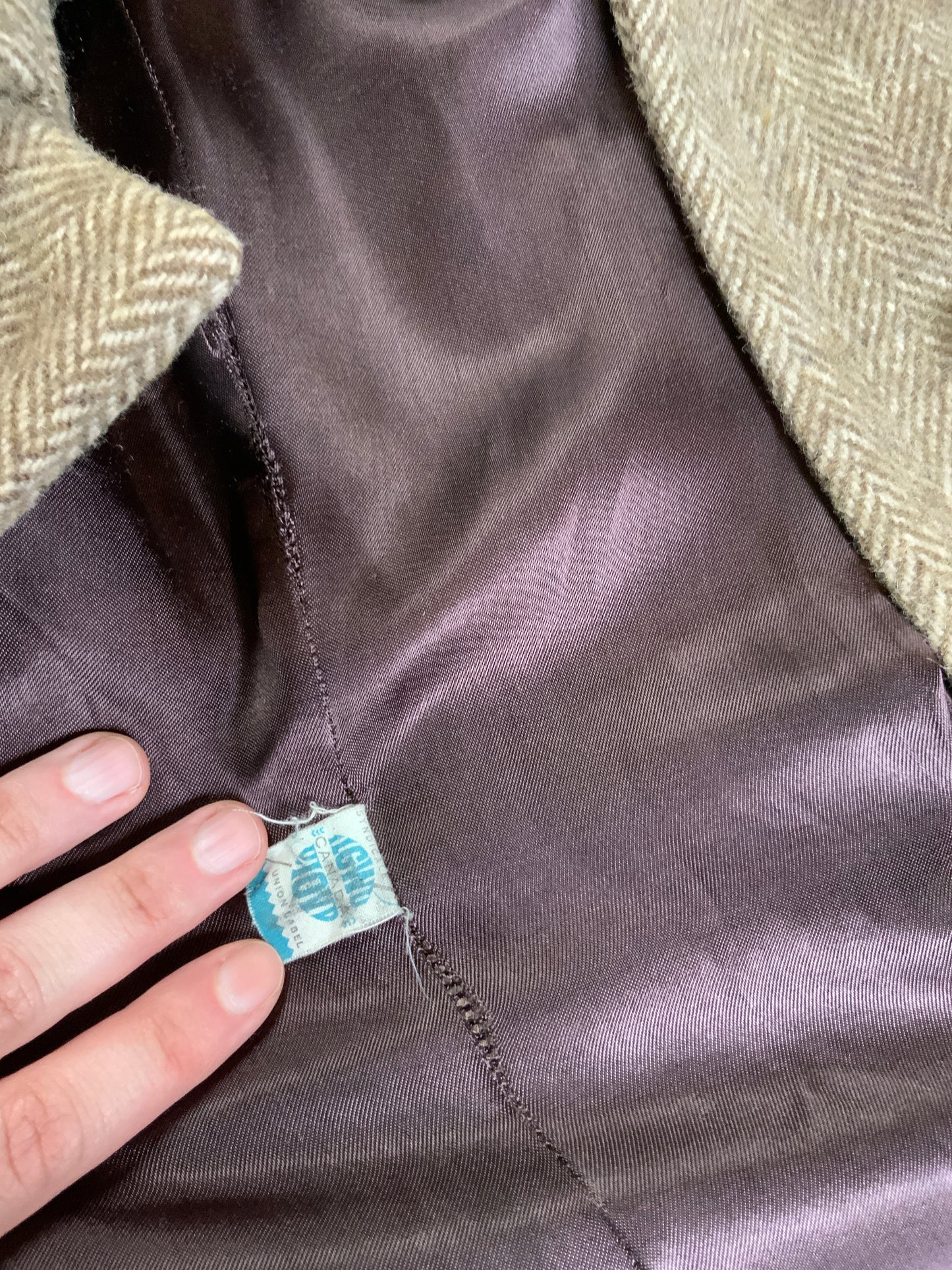 Kingspier Vintage - Wool herringbone car coat with front buttons and four front flap pockets. Union made in Canada.