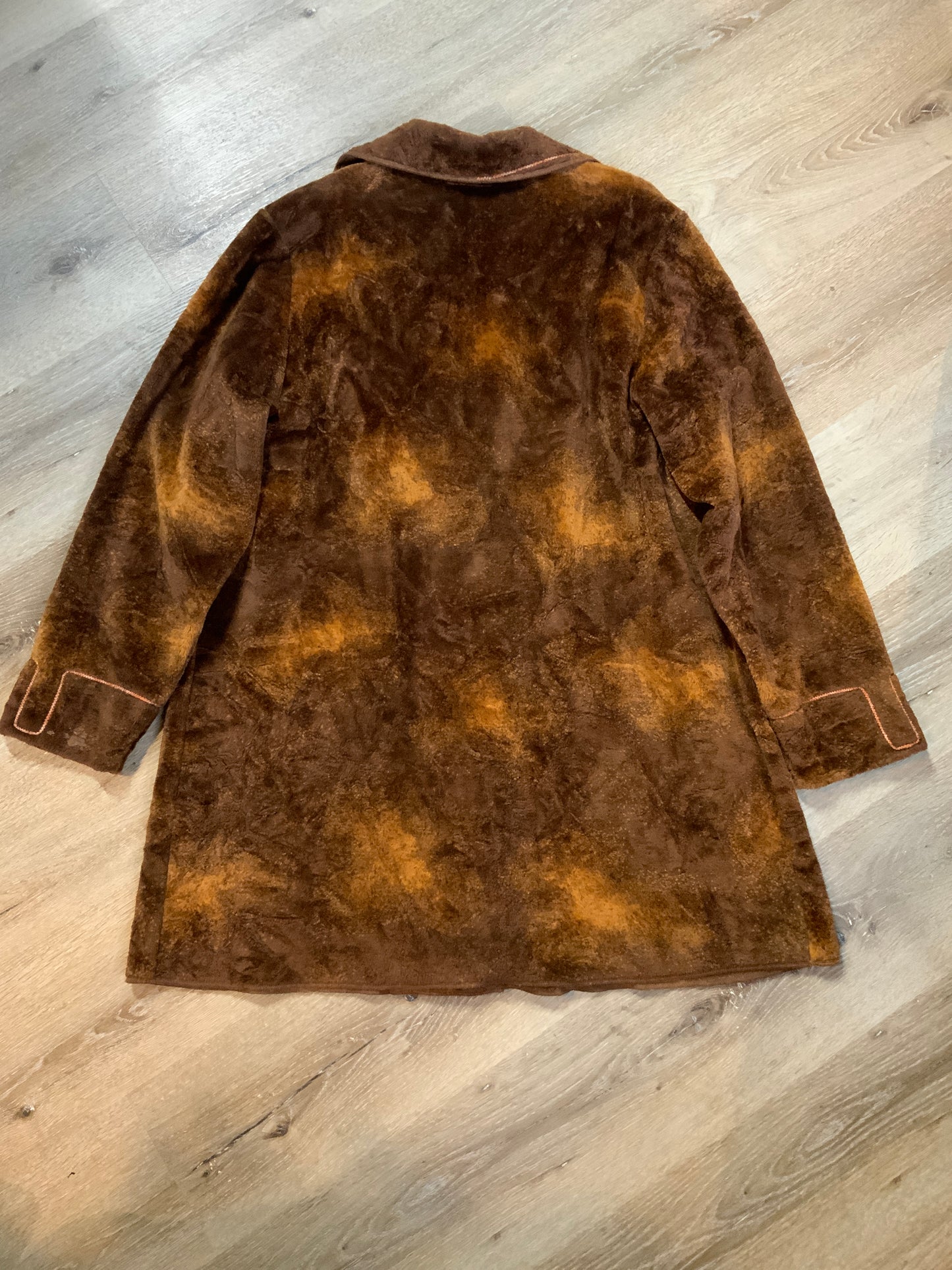 Kingspier Vintage - Linda Lundstrom brown synthetic wool sweater-style coat with geometric design on collar and cuffs, large funky buttons and patch pockets. Made in Canada. Fits a size 14.