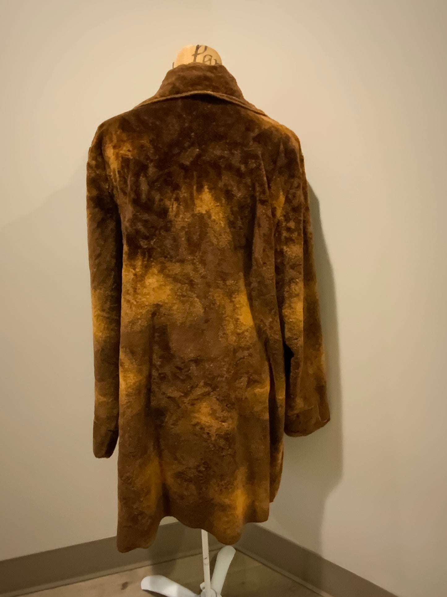 Kingspier Vintage - Linda Lundstrom brown synthetic wool sweater-style coat with geometric design on collar and cuffs, large funky buttons and patch pockets. Made in Canada. Fits a size 14.