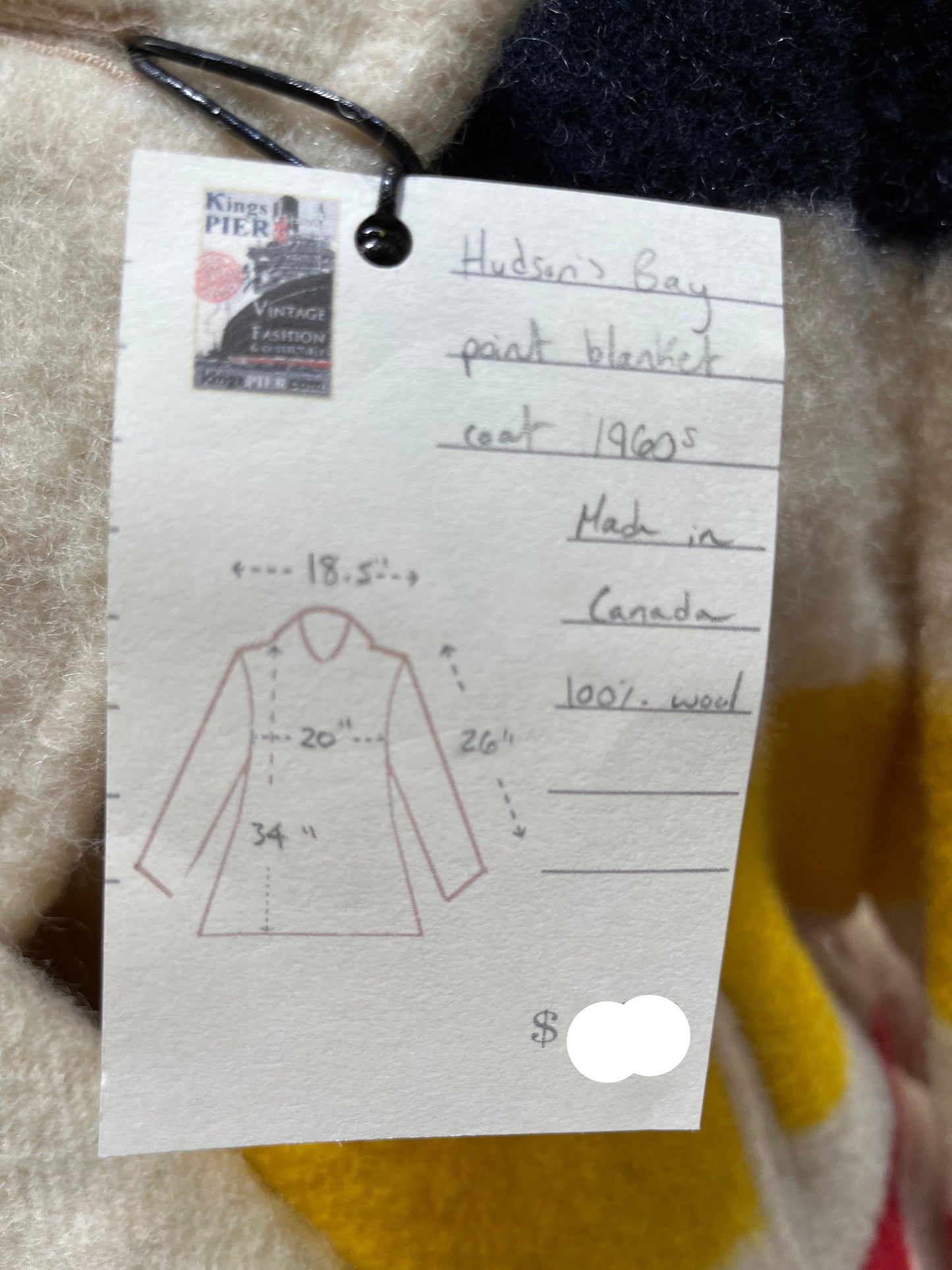 Genuine 1960’s Hudson’s Bay Company 100% wool point blanket coat in the iconic multi-stripe colours. The coat features flap pockets and hand warmer pockets, double breasted button closures and belt.
Made in Canada.
Chest 40”