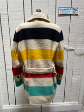 Load image into Gallery viewer, Genuine 1960’s Hudson’s Bay Company 100% wool point blanket coat in the iconic multi-stripe colours. The coat features flap pockets and hand warmer pockets, double breasted button closures and belt. 

Made in Canada. 
Chest 40”
