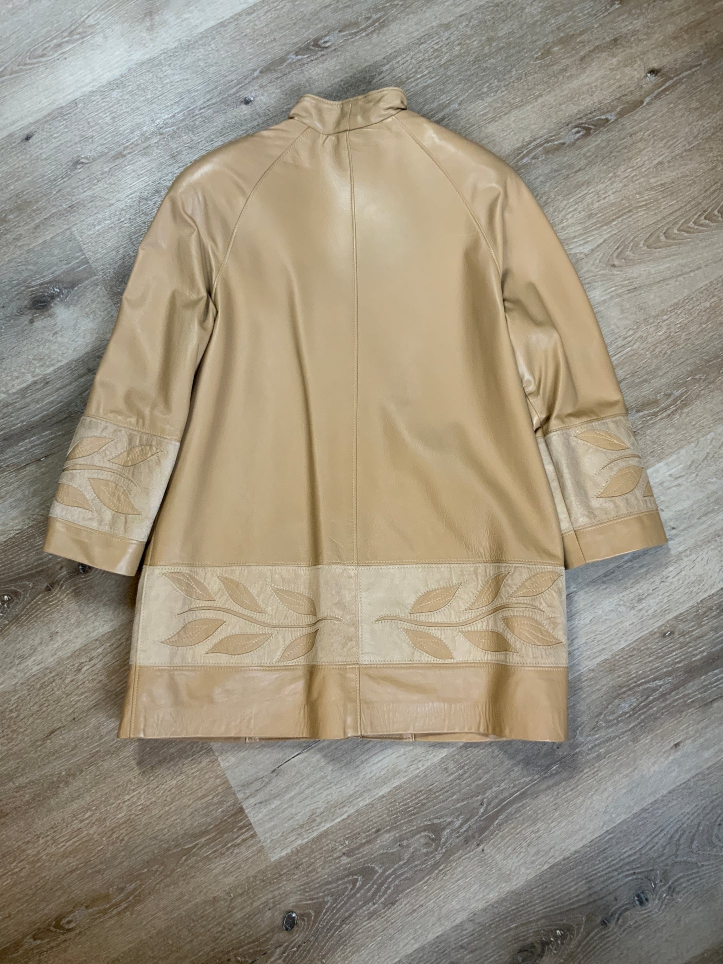 Kingspier Vintage - Les Fourrures Lord Inc beige coloured leather car coat with suede leaf motif at cuffs and hem, suede buttons and patch pockets.