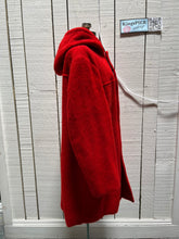 Load image into Gallery viewer, Genuine Hudson’s Bay Company 100% wool point blanket coat in bright red. The coat features flap pockets and hand warmer pockets, leather buttons, zip closure and a hood. 

Made in Canada. 
Size medium.
