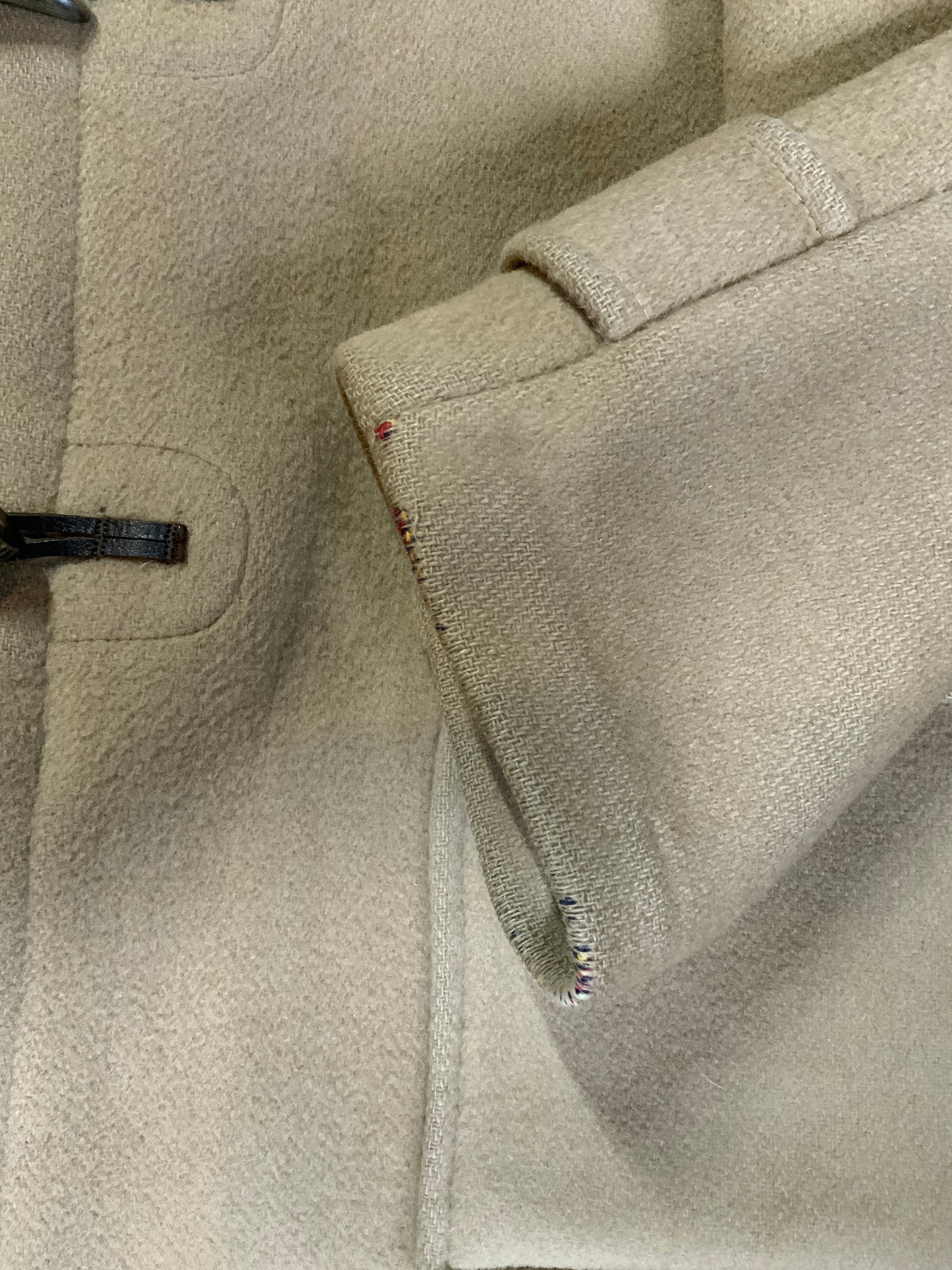 Kingspier Vintage - Gloverall Tan wool blend coat with hood, zipper, flap pockets and plaid lining. Made in England. Size 40.