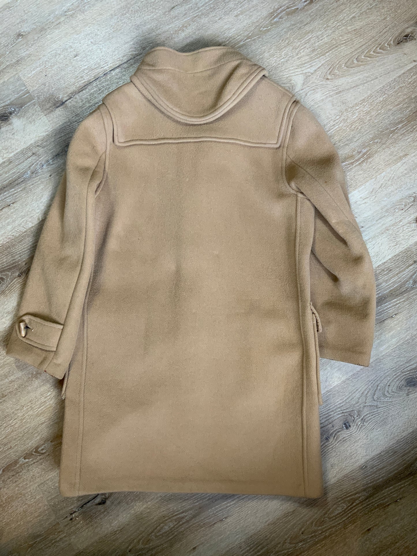 Kingspier Vintage - Gloverall Tan wool blend coat with hood, zipper, flap pockets and plaid lining. Made in England. Size 40.