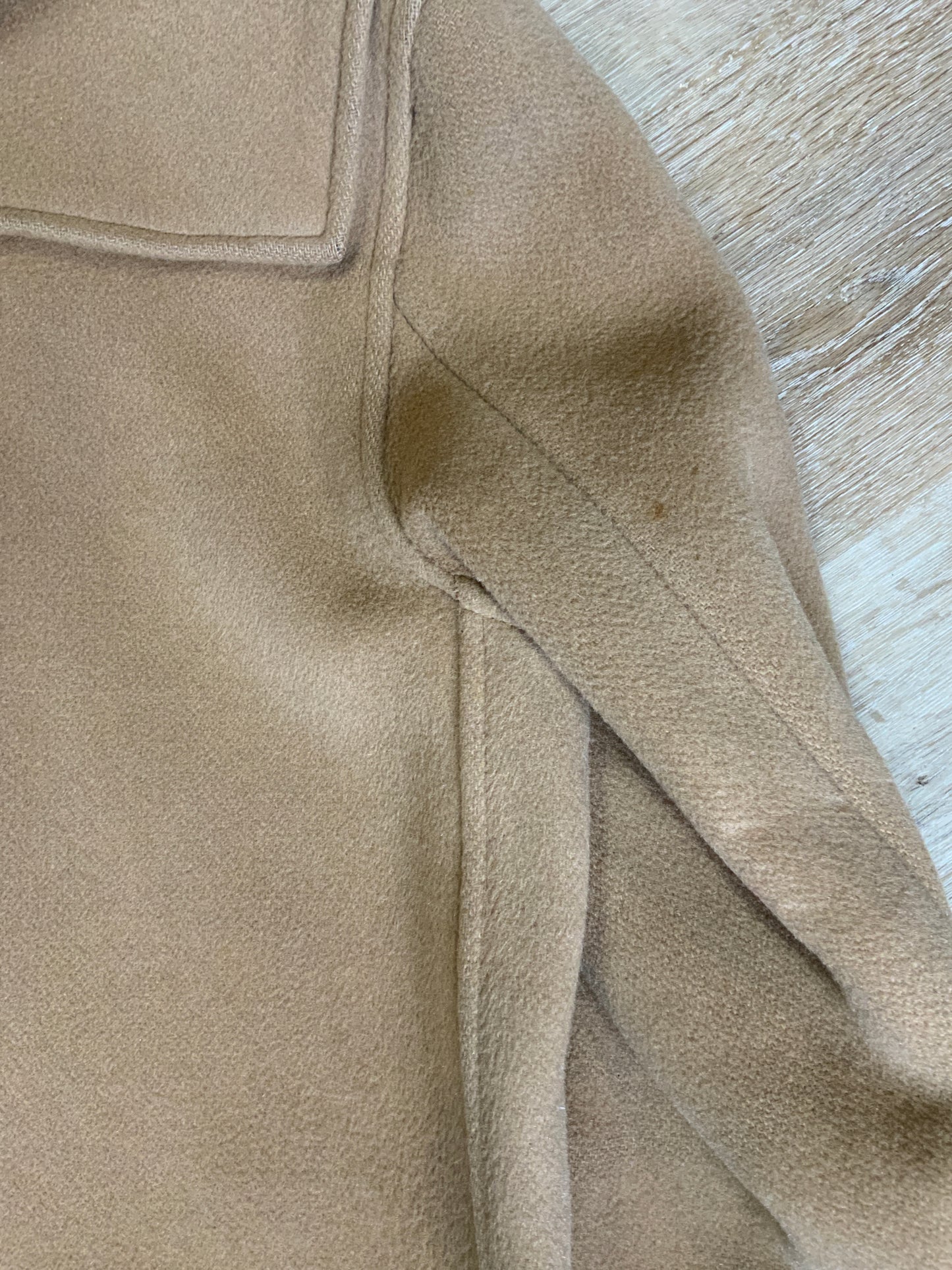 Kingspier Vintage - Gloverall Tan wool blend coat with hood, zipper, flap pockets and plaid lining. Made in England. Size 40.