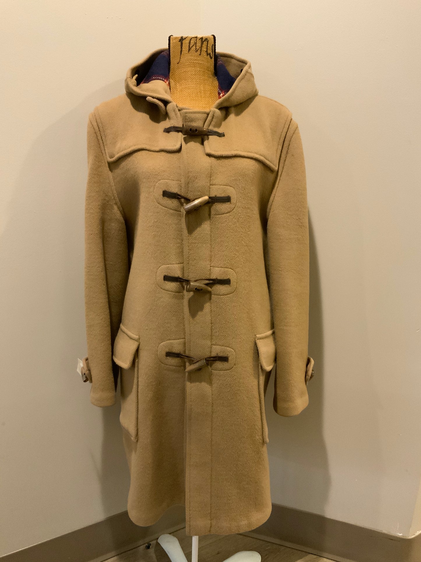 Kingspier Vintage - Gloverall Tan wool blend coat with hood, zipper, flap pockets and plaid lining. Made in England. Size 40.