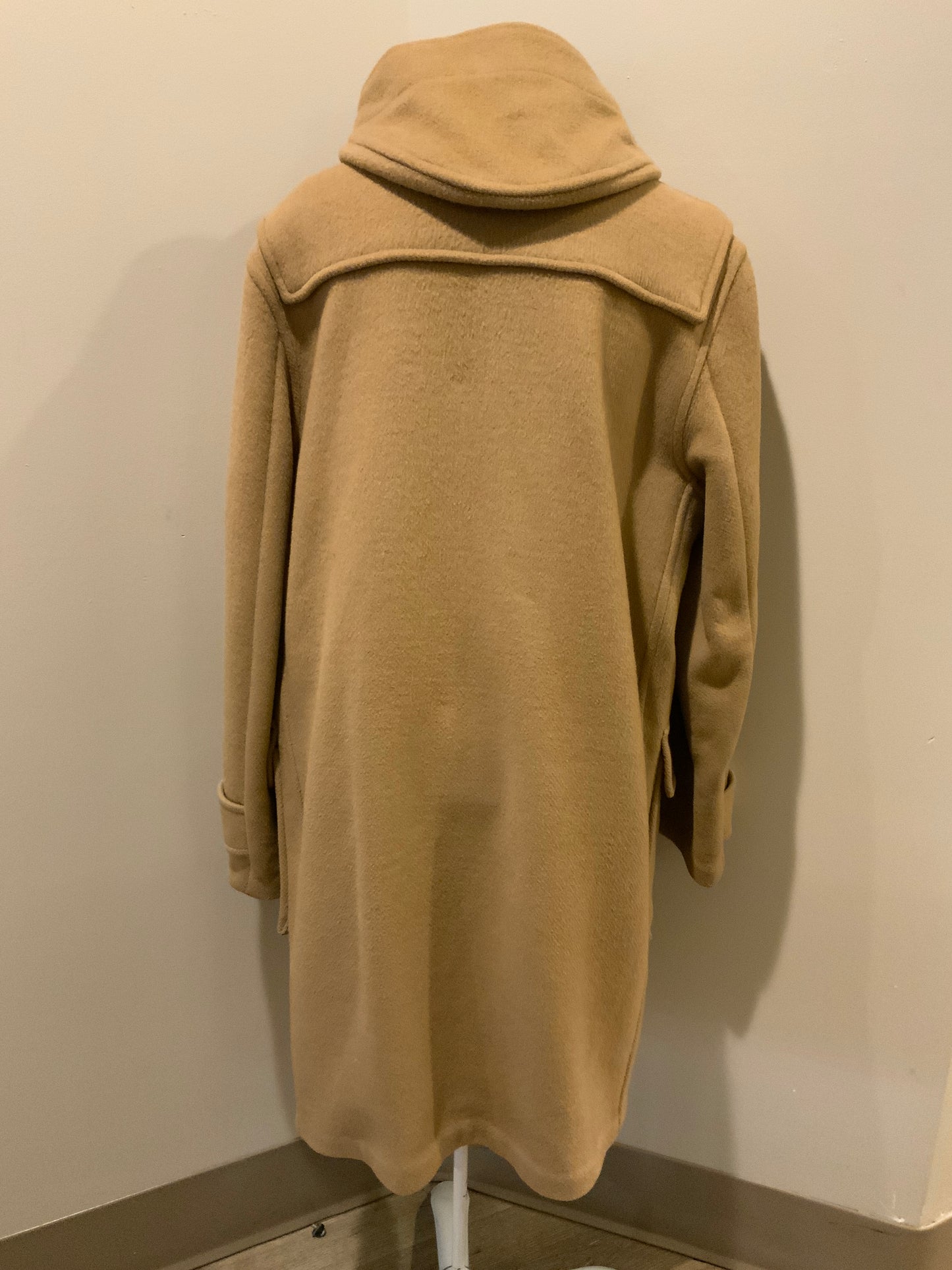 Kingspier Vintage - Gloverall Tan wool blend coat with hood, zipper, flap pockets and plaid lining. Made in England. Size 40.