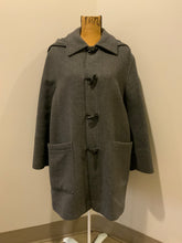 Load image into Gallery viewer, Kingspier Vintage - Italian grey wool blend duffle coat with detachable hood, wooden toggles and flap pockets. Made in Italy Size 14. 
