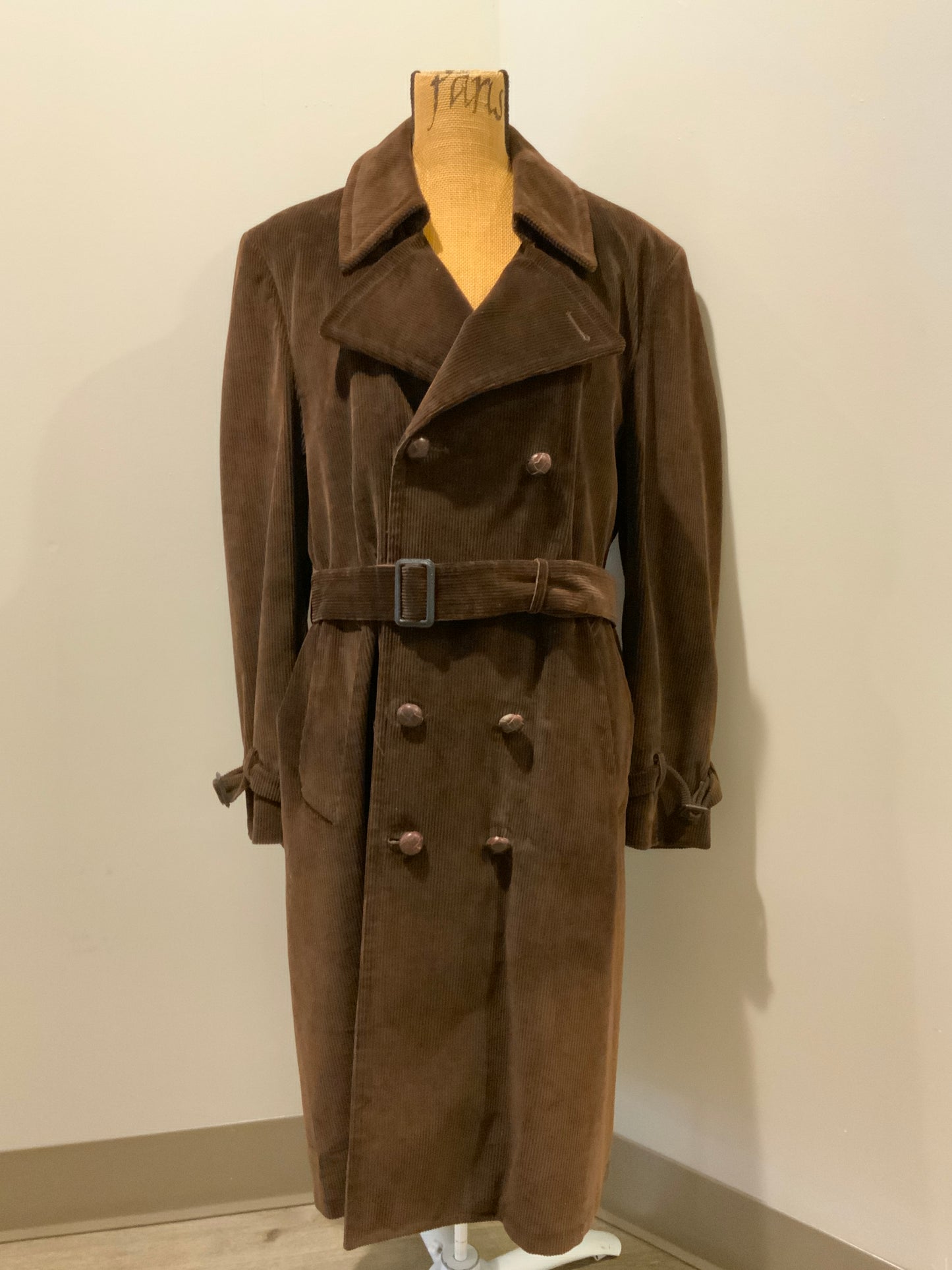 Kingspier Vintage - London Fog brown corduroy double breasted trench coat with wooden buttons, slash pockets, two belt options and zip out wool lining.