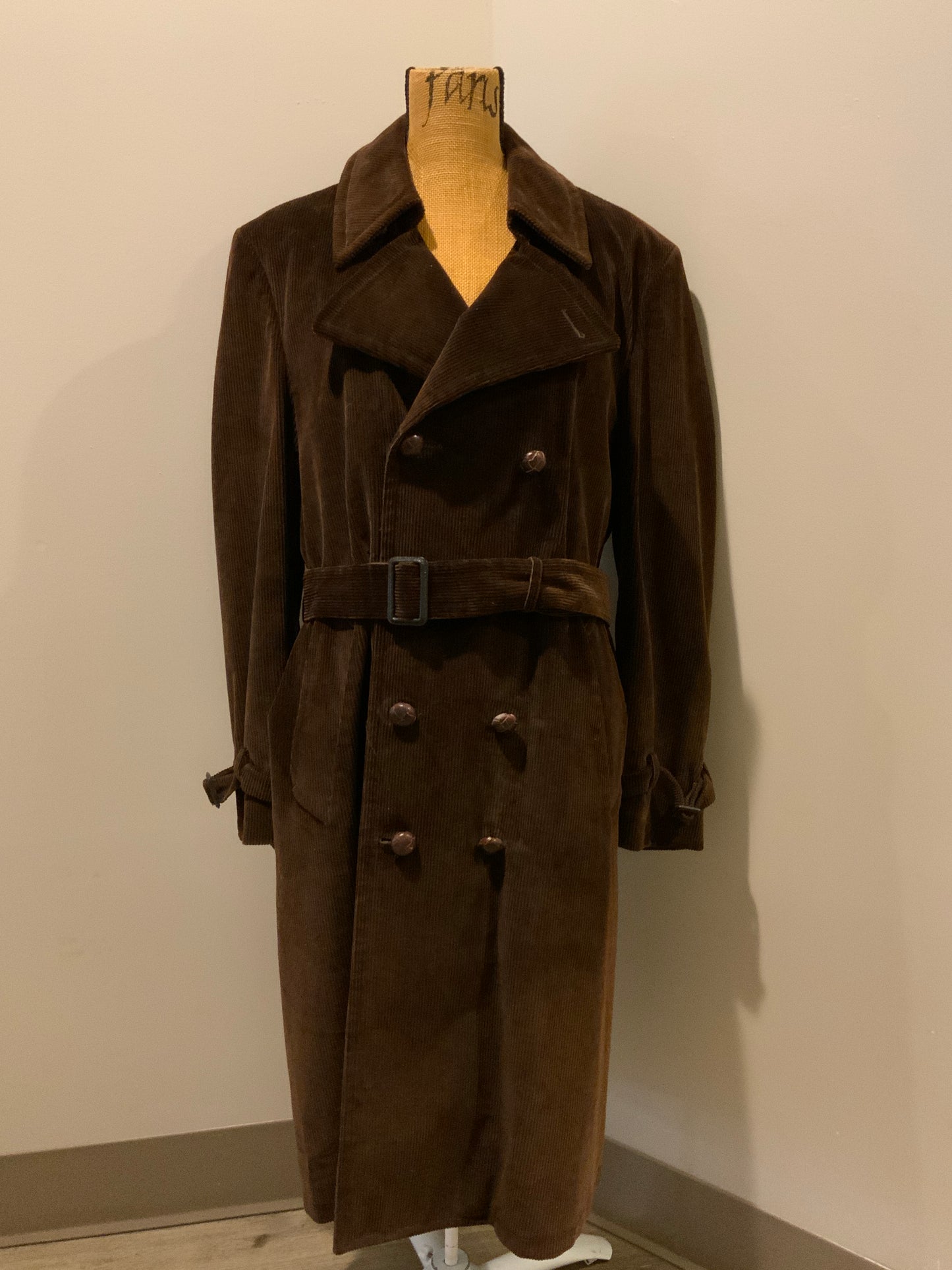 Kingspier Vintage - London Fog brown corduroy double breasted trench coat with wooden buttons, slash pockets, two belt options and zip out wool lining.