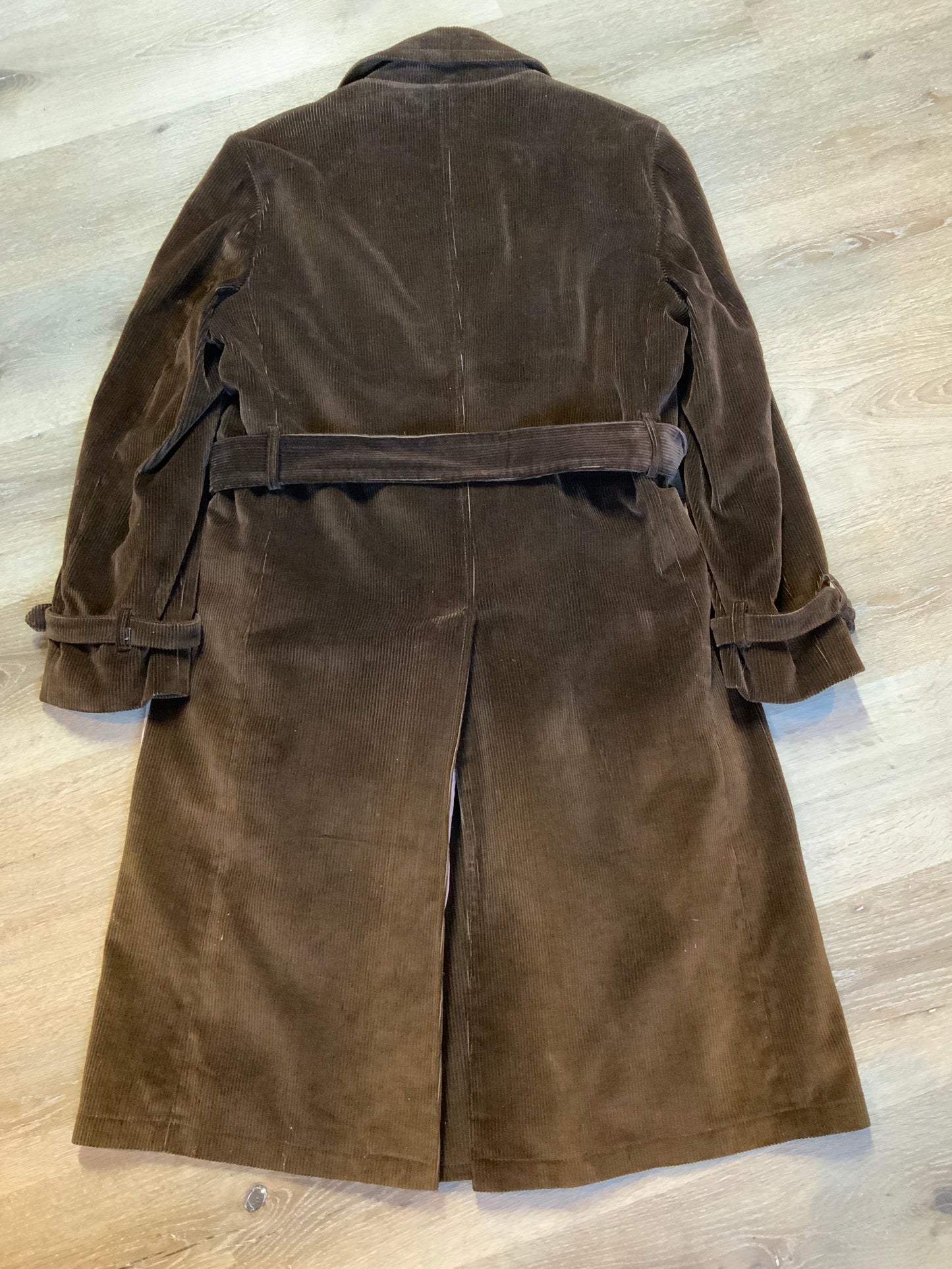 Kingspier Vintage - London Fog brown corduroy double breasted trench coat with wooden buttons, slash pockets, two belt options and zip out wool lining.