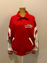 Load image into Gallery viewer, Kingspier Vintage - EIS red letterman’s jacket with white leather arms, race flag embroidered emblem, snap closures and slash pockets. Size large.
