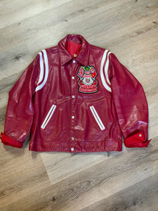 Kingspier Vintage - Mess Champs (Greenwood) Baseball red letterman’s jacket with white stripes , embroidered emblem on chest, snap closures and slash pockets. Size 42.