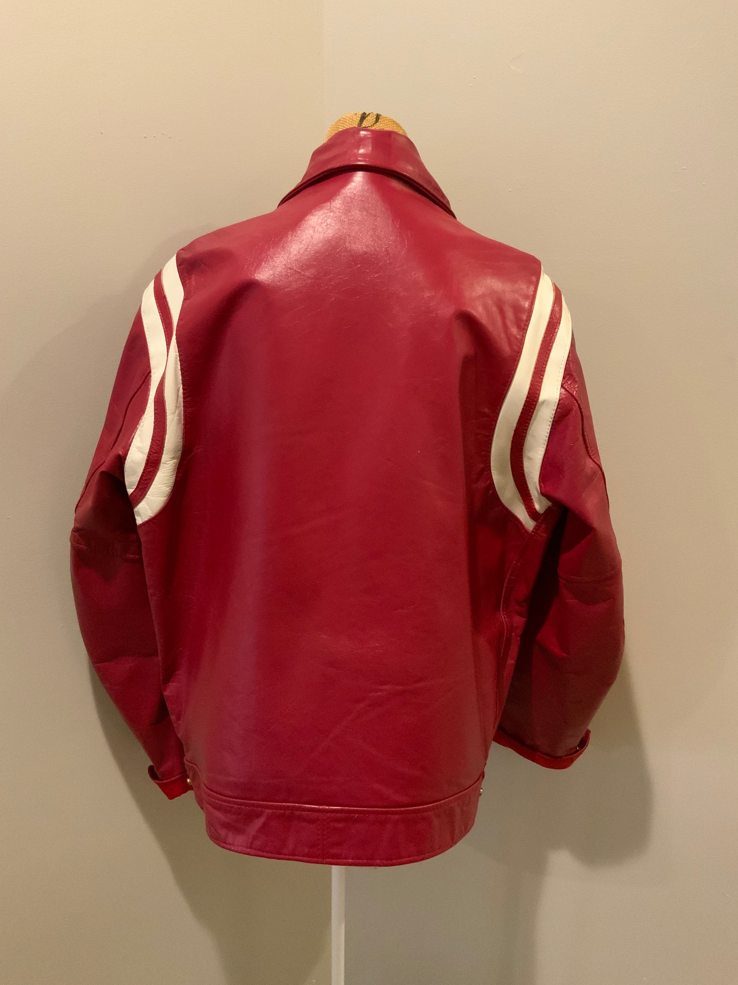 Kingspier Vintage - Mess Champs (Greenwood) Baseball red letterman’s jacket with white stripes , embroidered emblem on chest, snap closures and slash pockets. Size 42.
