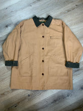 Load image into Gallery viewer, Kingspier Vintage - L.L.Bean tan field jacket with green corduroy collar and cuff, four front patch pockets button closures, removable plaid wool blend liner. Size 2XL women’s. 

