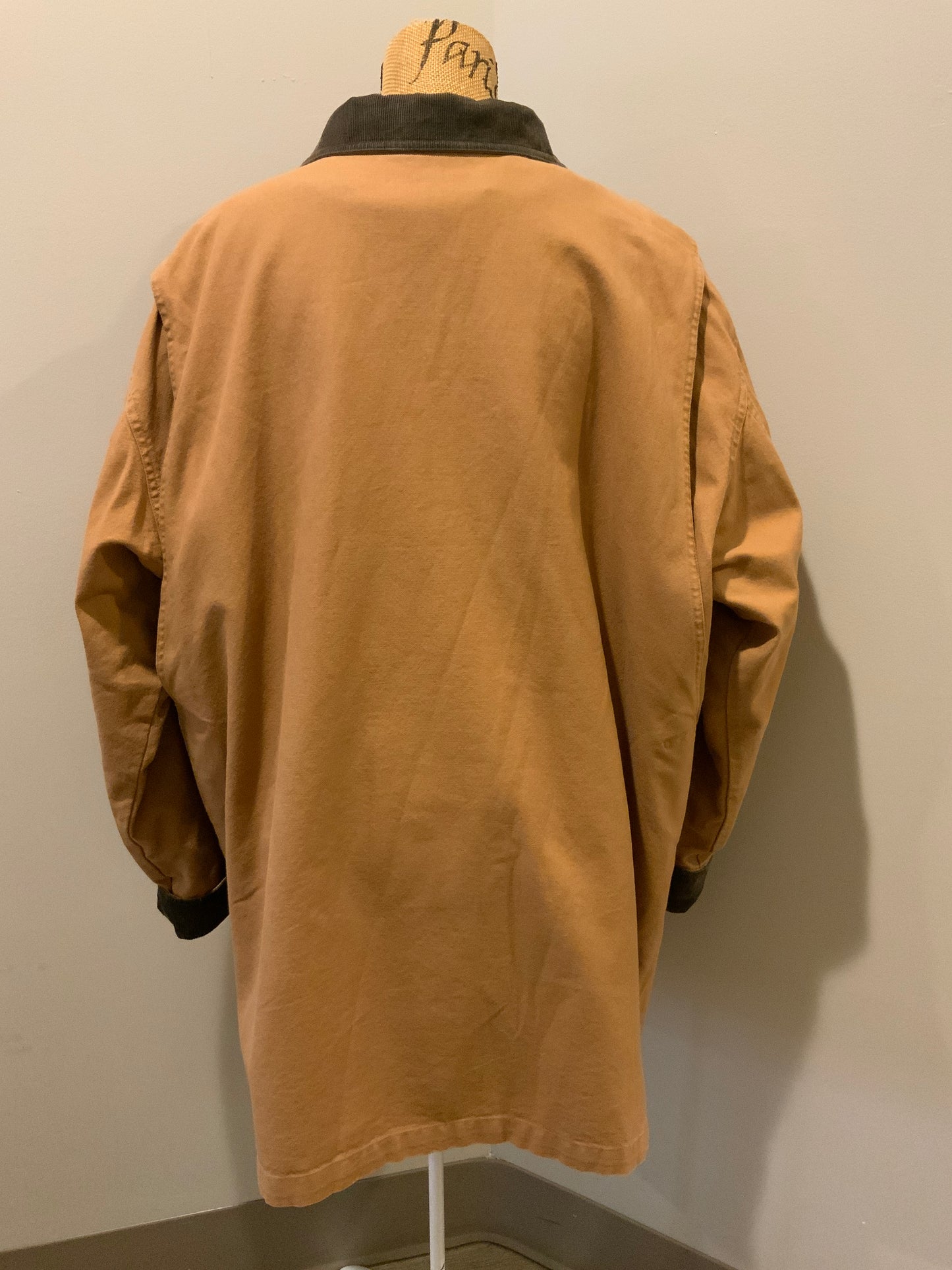 Kingspier Vintage - L.L.Bean tan field jacket with green corduroy collar and cuff, four front patch pockets button closures, removable plaid wool blend liner. Size 2XL women’s.