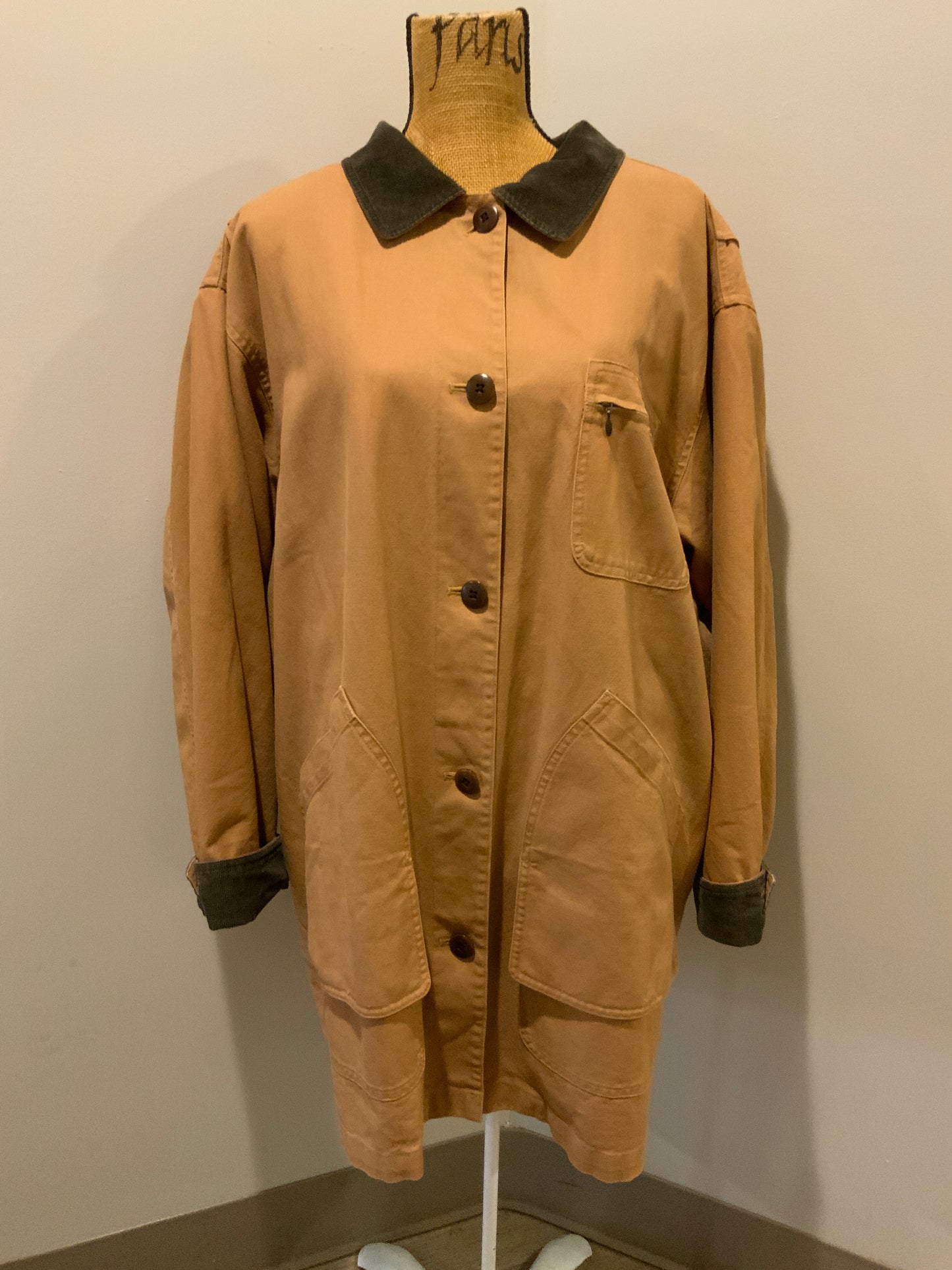 Kingspier Vintage - L.L.Bean tan field jacket with green corduroy collar and cuff, four front patch pockets button closures, removable plaid wool blend liner. Size 2XL women’s.