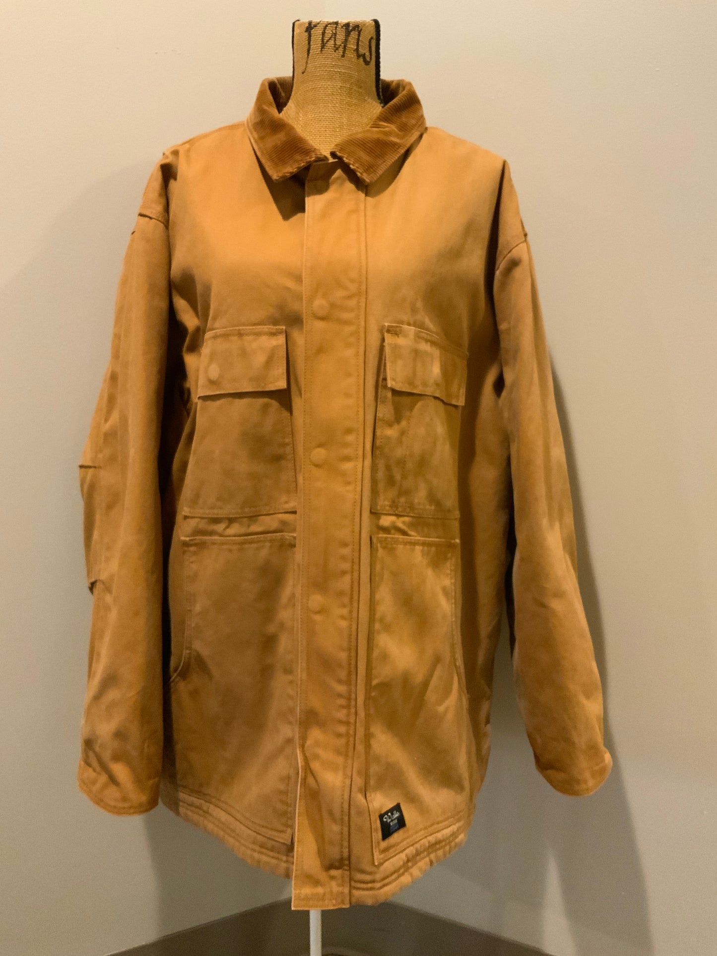 Kingspier Vintage - Wall’s Work Wear canvas work jacket with brown corduroy collar, zipper and snap closures, two front patch pockets and flap pockets, inside quilted lining with knit inside cuffs to keep the cold from getting in.
