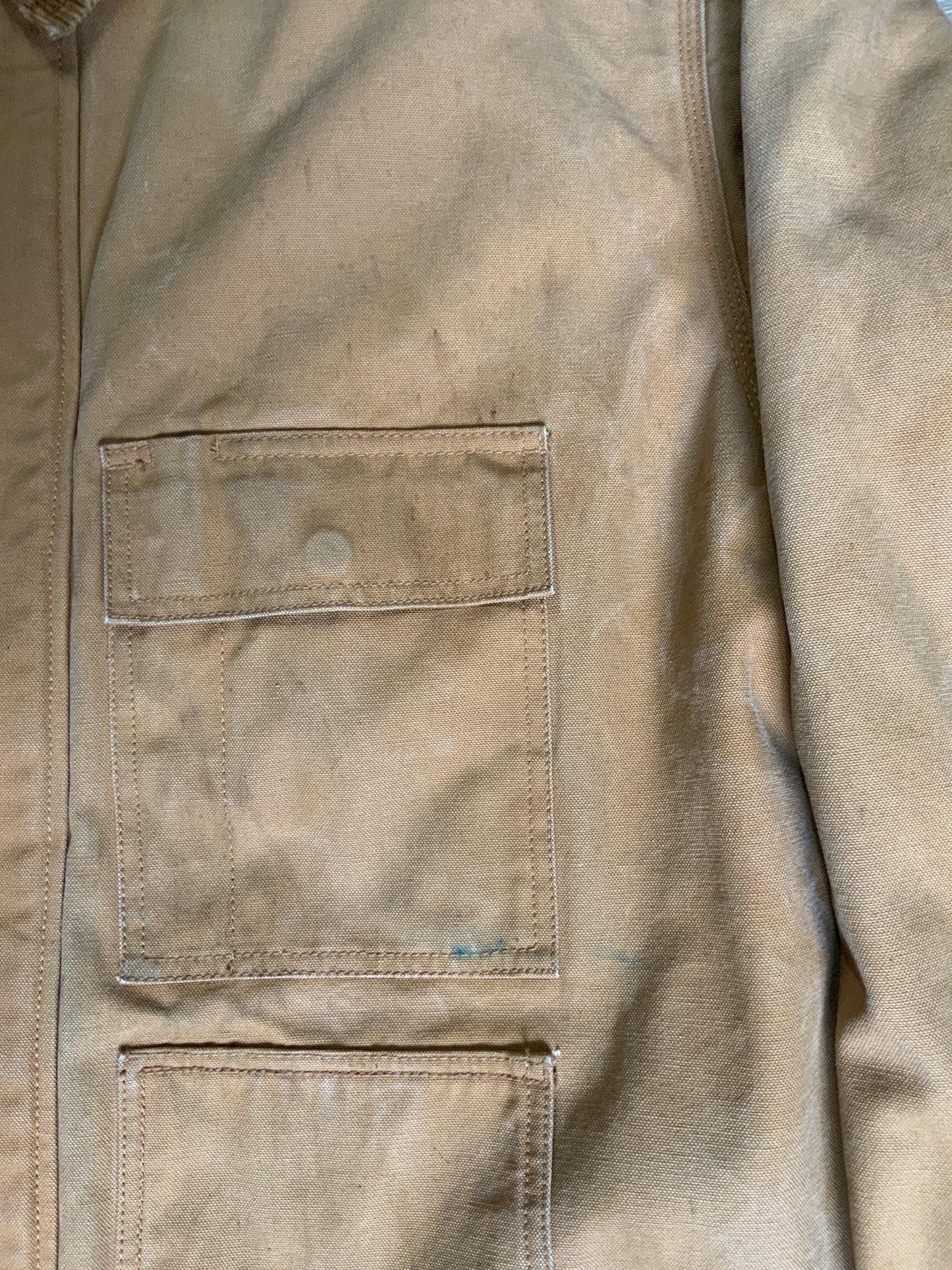Kingspier Vintage - Wall’s Work Wear canvas work jacket with brown corduroy collar, zipper and snap closures, two front patch pockets and flap pockets, inside quilted lining with knit inside cuffs to keep the cold from getting in.