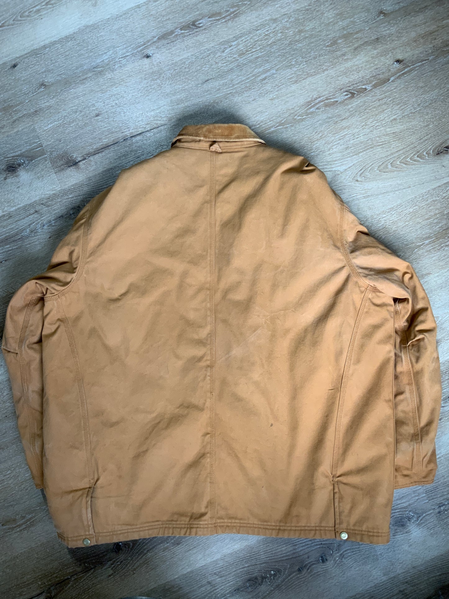 Kingspier Vintage - Wall’s Work Wear canvas work jacket with brown corduroy collar, zipper and snap closures, two front patch pockets and flap pockets, inside quilted lining with knit inside cuffs to keep the cold from getting in.