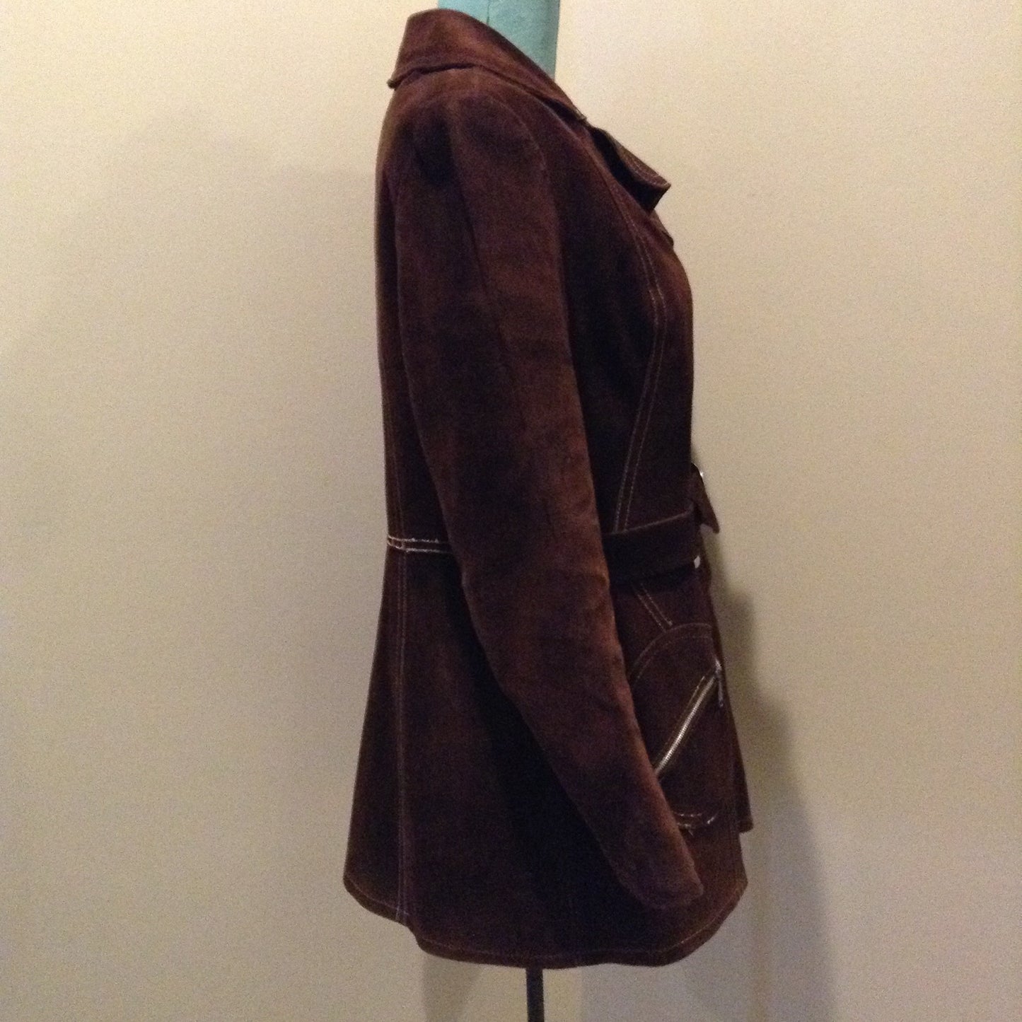 Kingspier Vintage - Vintage Sylvia Mark brown suede belted jacket with snap closures, decorative stitching, unique round pockets and pink satin lining. Made in Canada. Size Medium.