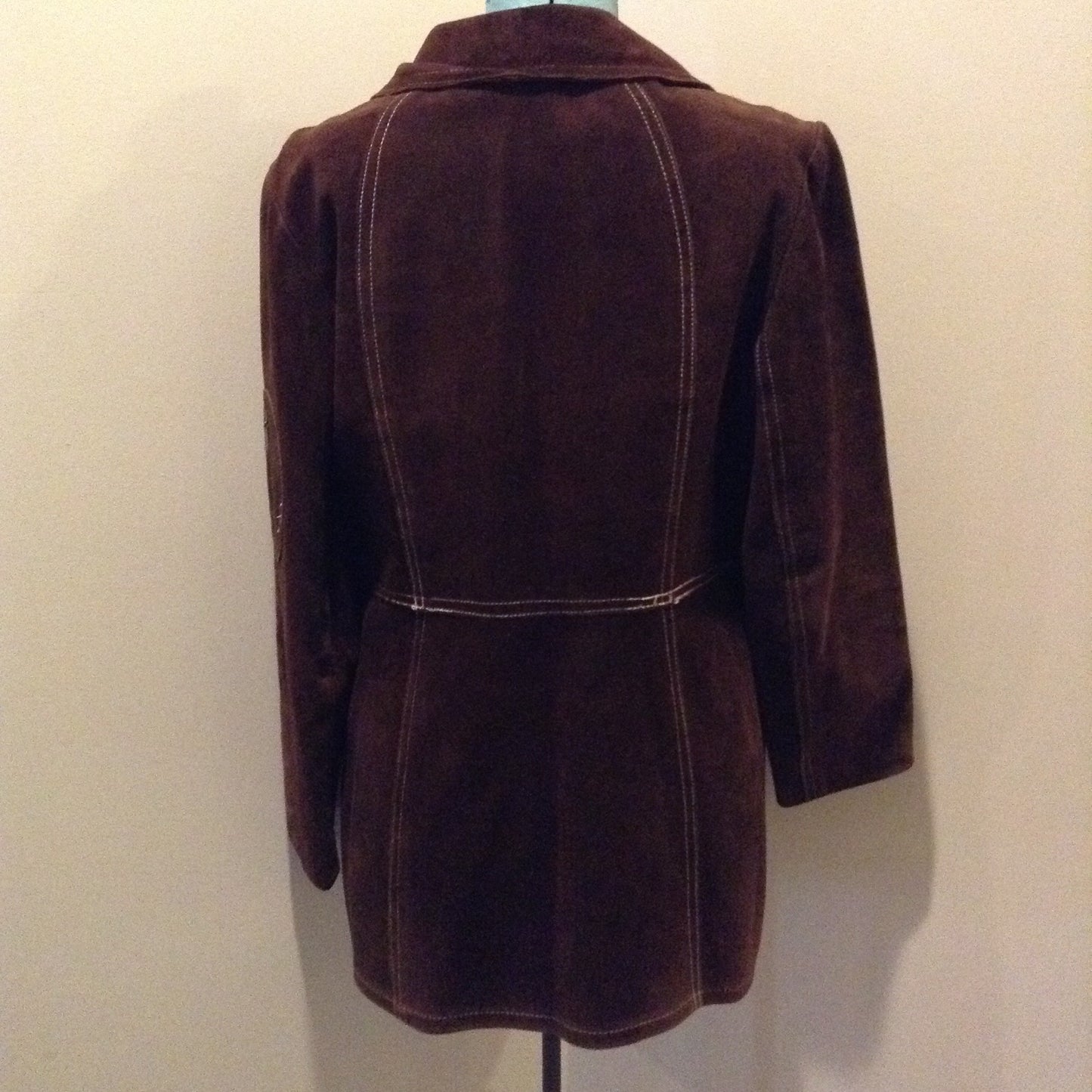 Kingspier Vintage - Vintage Sylvia Mark brown suede belted jacket with snap closures, decorative stitching, unique round pockets and pink satin lining. Made in Canada. Size Medium.