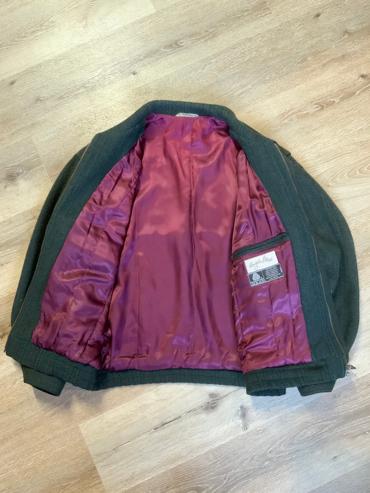 Kingspier Vintage - Angelo Litrico green with navy 100% pure virgin wool harrington jacket with zipper and button closures, flap and slash pockets in front, fully lined with an inside pocket. Size 50.