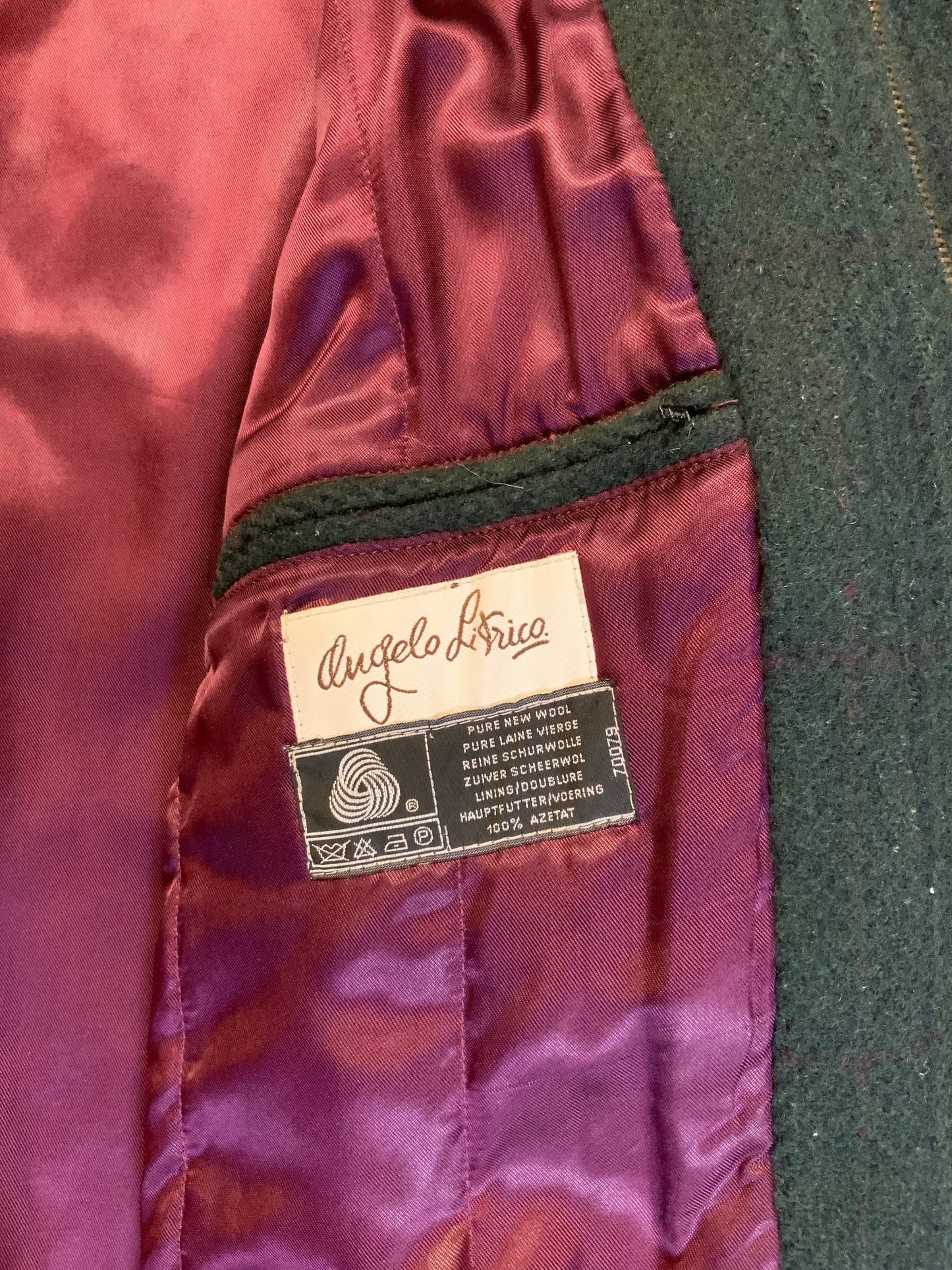 Kingspier Vintage - Angelo Litrico green with navy 100% pure virgin wool harrington jacket with zipper and button closures, flap and slash pockets in front, fully lined with an inside pocket. Size 50.