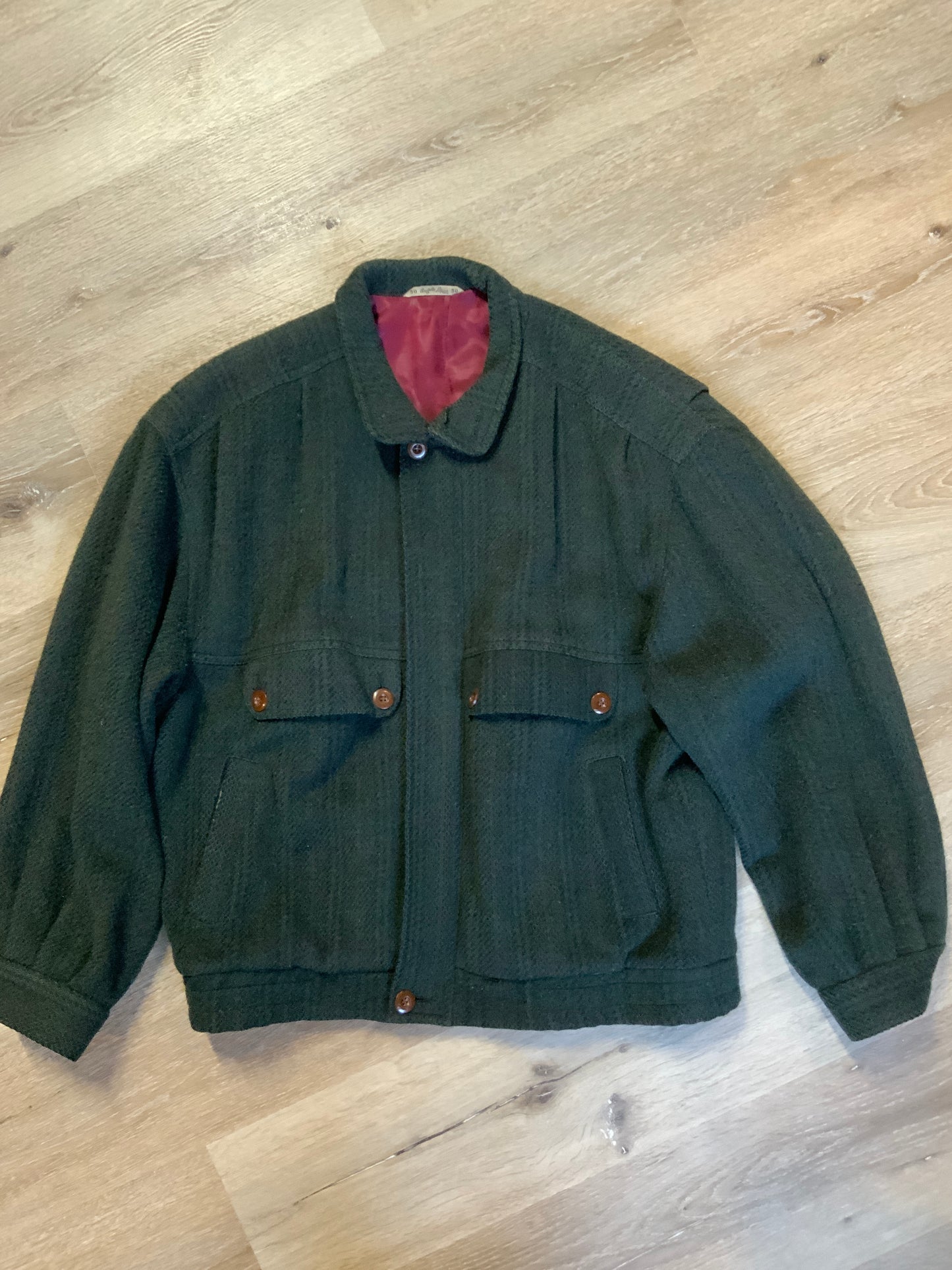Kingspier Vintage - Angelo Litrico green with navy 100% pure virgin wool harrington jacket with zipper and button closures, flap and slash pockets in front, fully lined with an inside pocket. Size 50.