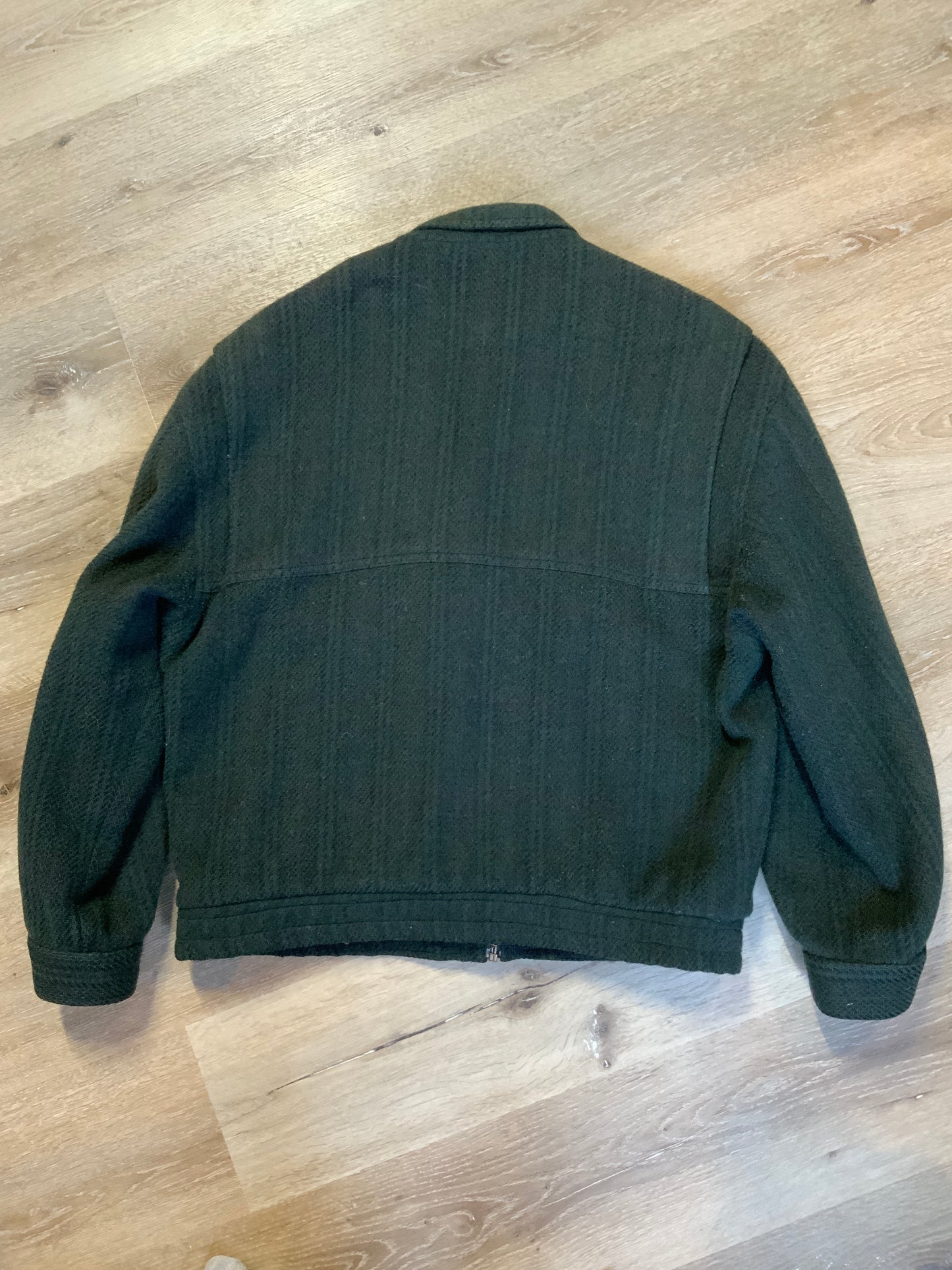Kingspier Vintage - Angelo Litrico green with navy 100% pure virgin wool harrington jacket with zipper and button closures, flap and slash pockets in front, fully lined with an inside pocket. Size 50.