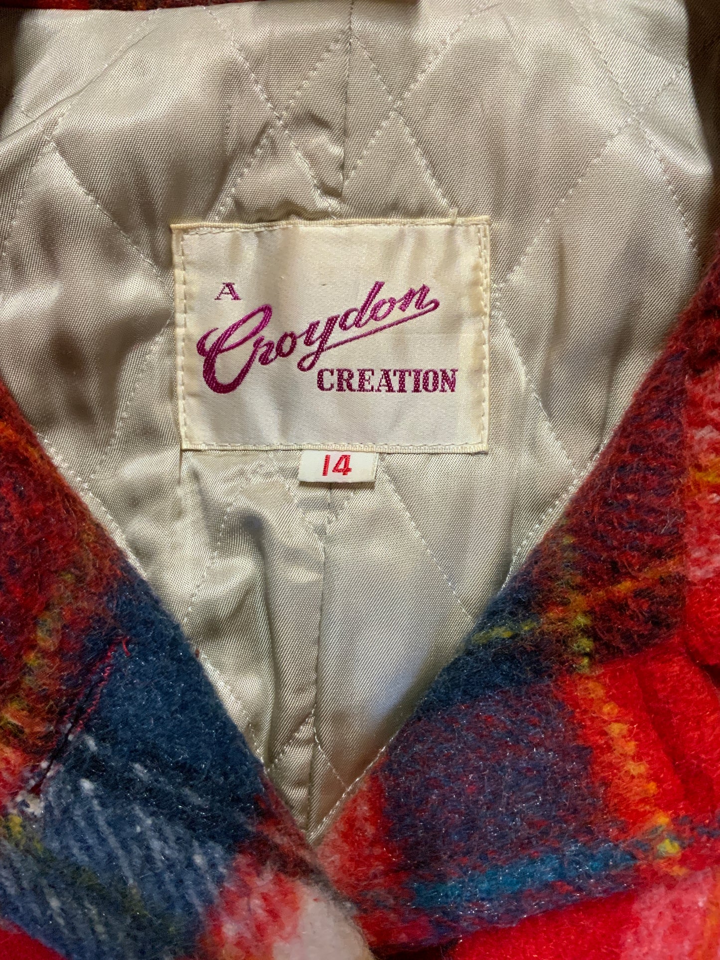 Kingspier Vintage - Croydon orange, yellow, blue and white plaid coat with button closures, belt and patch pockets. Size 14, fits small.