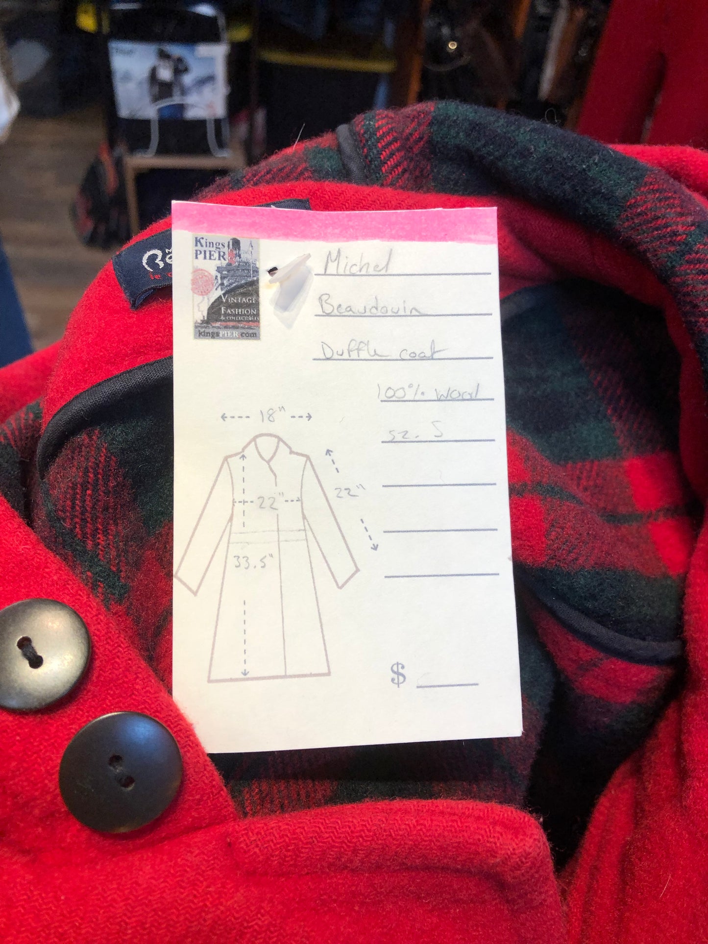 Kingspier Vintage - Michal Beaudouin red 100% wool duffle coat with hood, zipper and antler toggle closures, plaid lining, two front patch pockets and one inside pocket