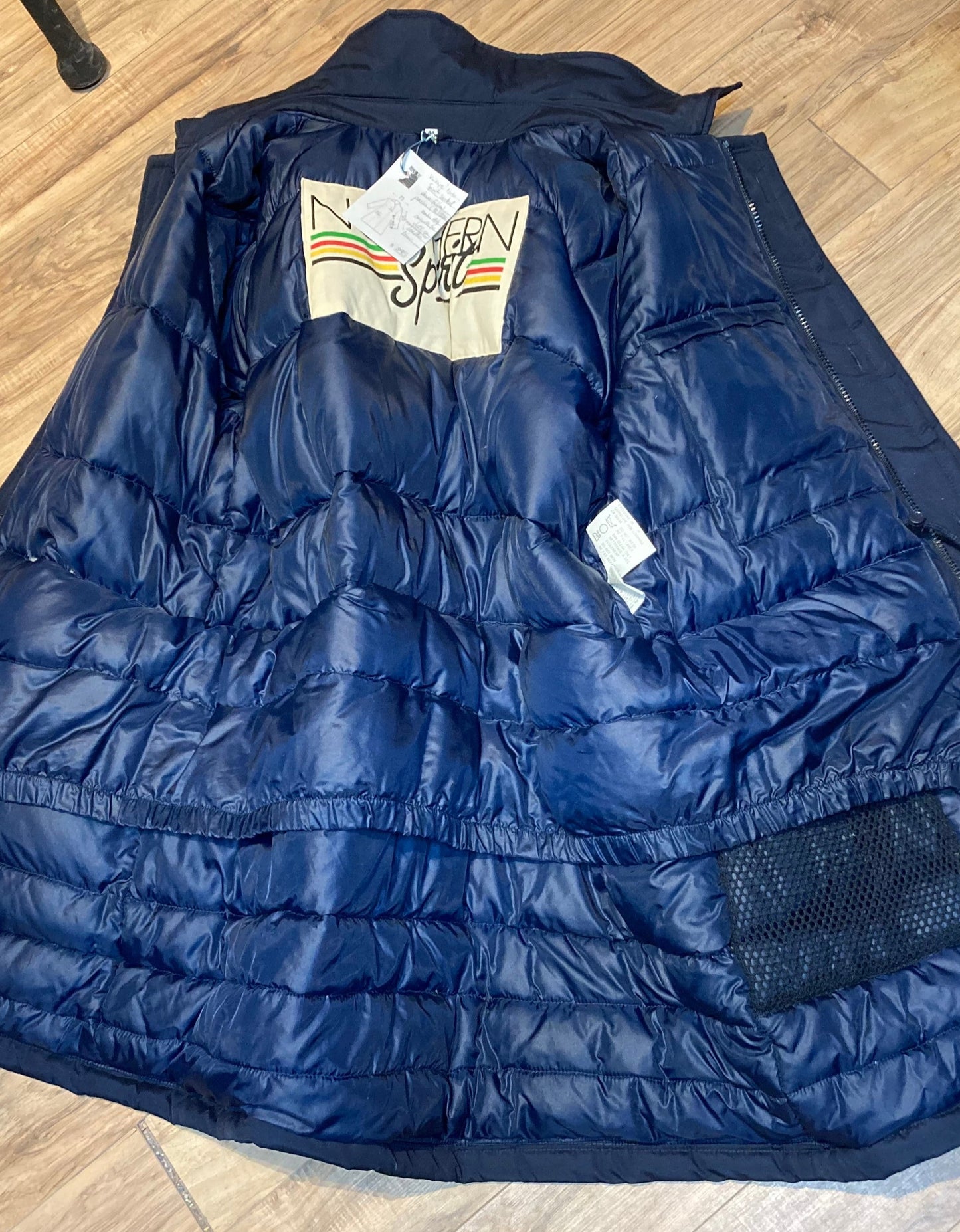 Kingspier Vintage - Vintage Northern Spirit navy blue down-filled parka with coyote fur trimmed removable hood, leather trim, zipper closure and front flap pockets.