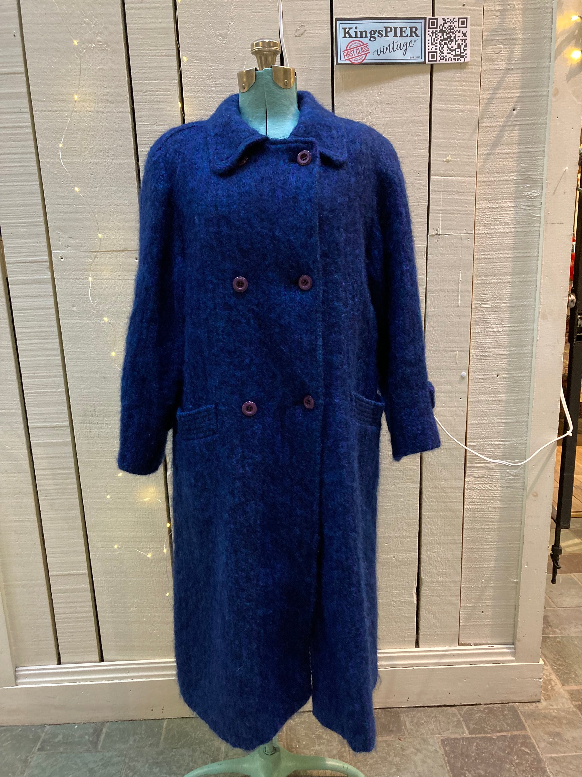 Kingspier Vintage - Vintage Anna blue mohair blend (75% mohair, 50% wool, 5% nylon) double breasted long coat with two front pockets.